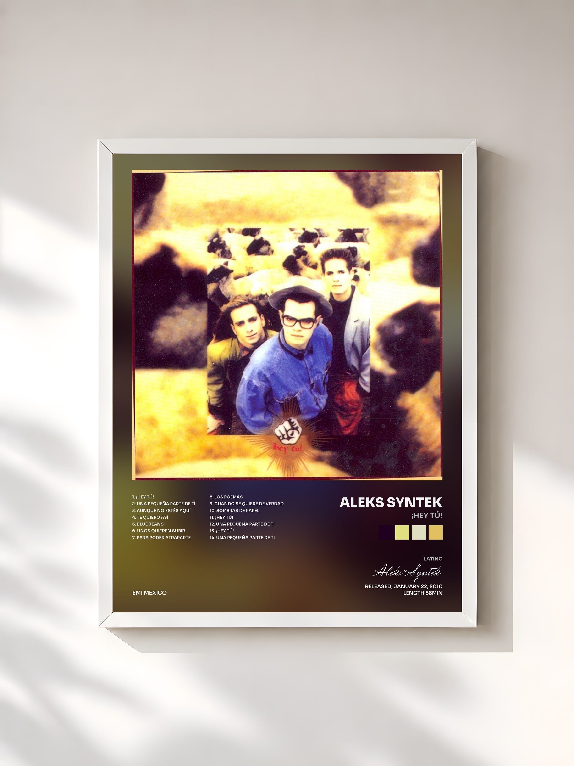 #blanc Tableau de l'album ¡Hey Tú! de Aleks Syntek, cadre blanc, imprimé et encadré en France