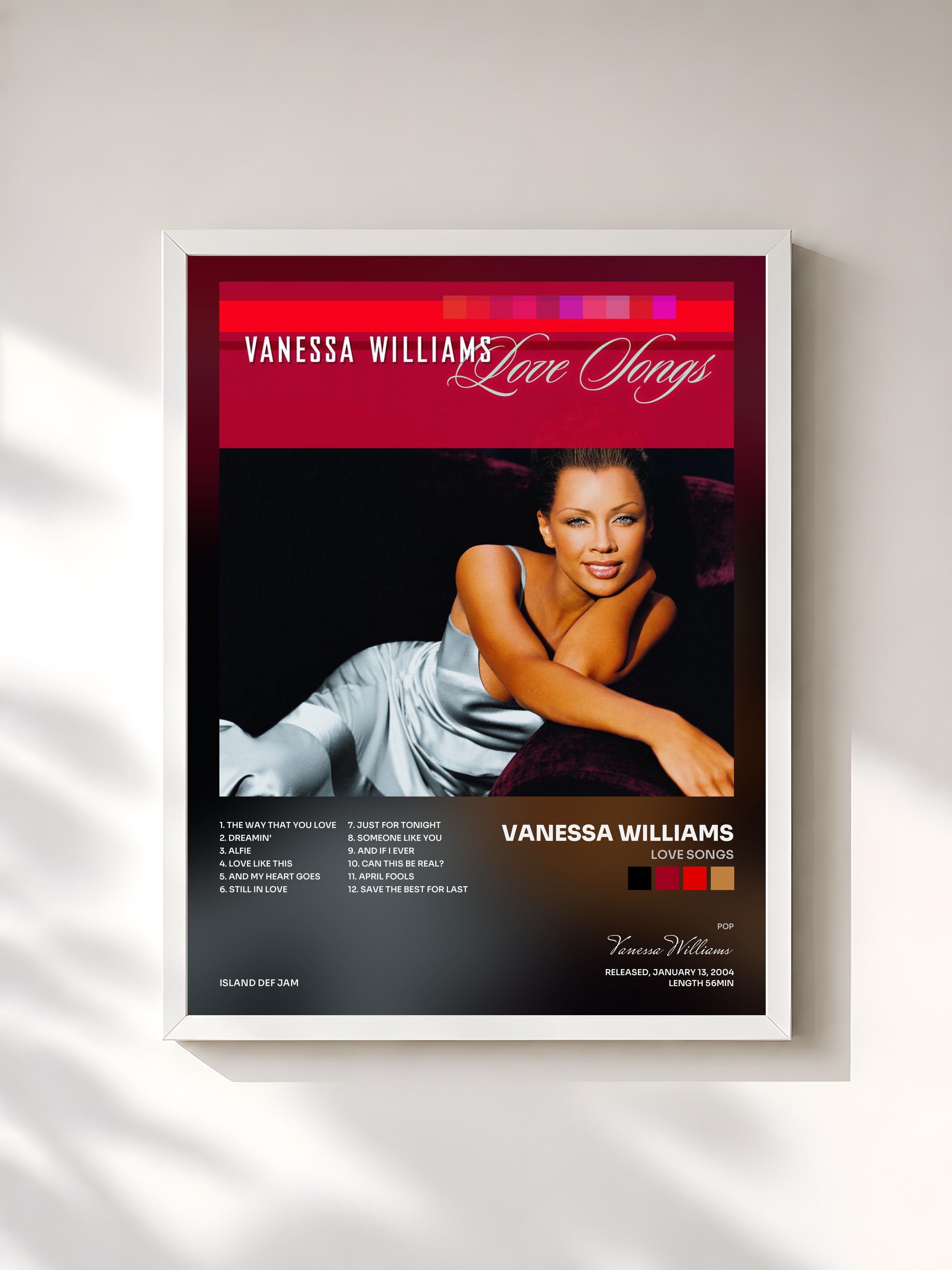 #blanc Tableau de l'album Love Songs de Vanessa Williams, cadre blanc, imprimé et encadré en France