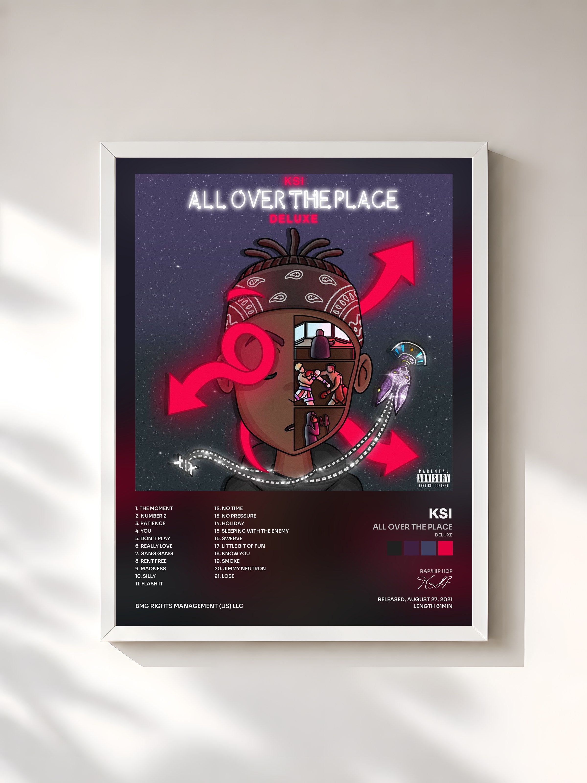 #blanc Tableau de l'album All Over The Place (Deluxe) de KSI, cadre blanc, imprimé et encadré en France