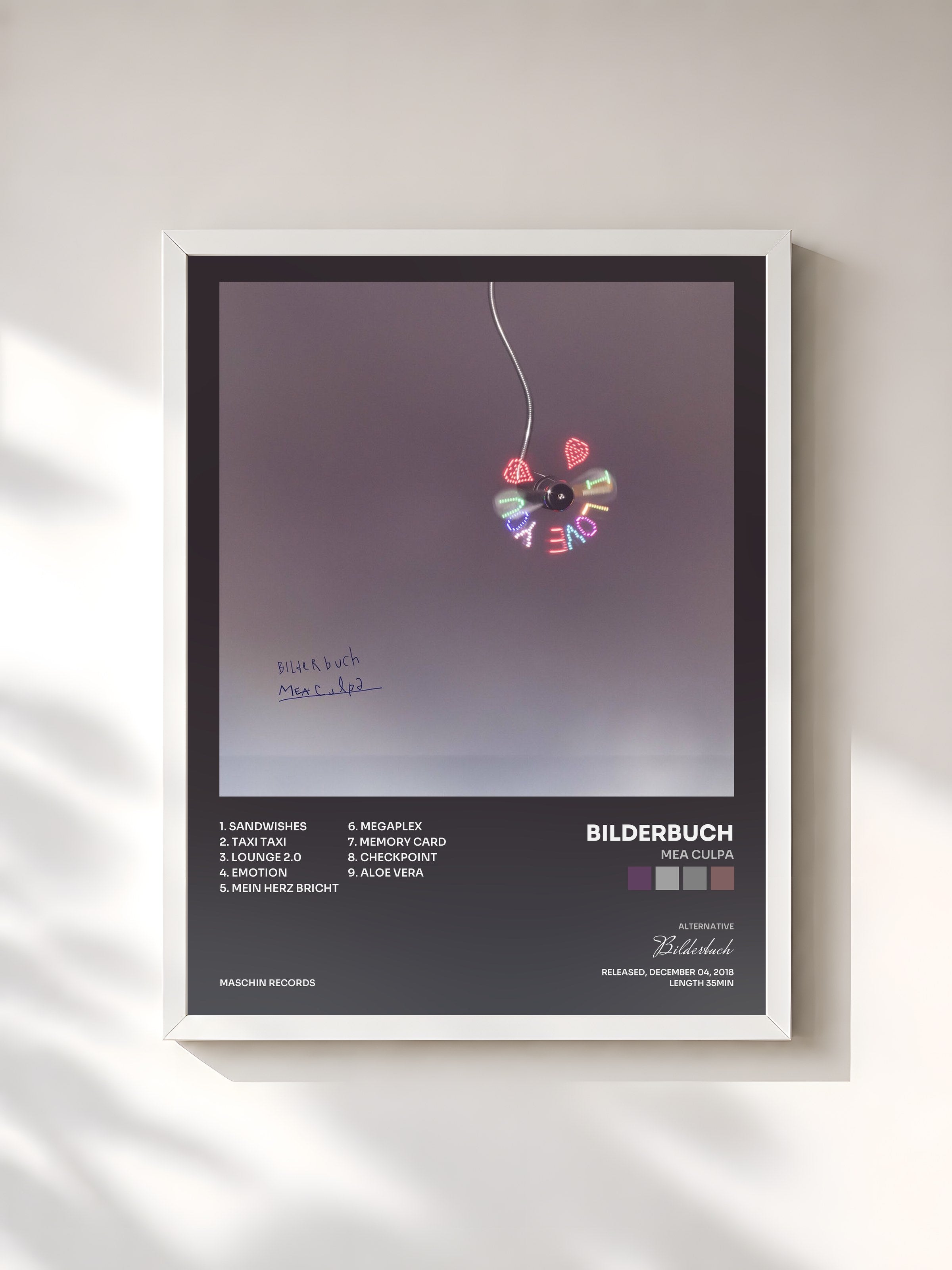 #blanc Tableau de l'album mea culpa de Bilderbuch, cadre blanc, imprimé et encadré en France