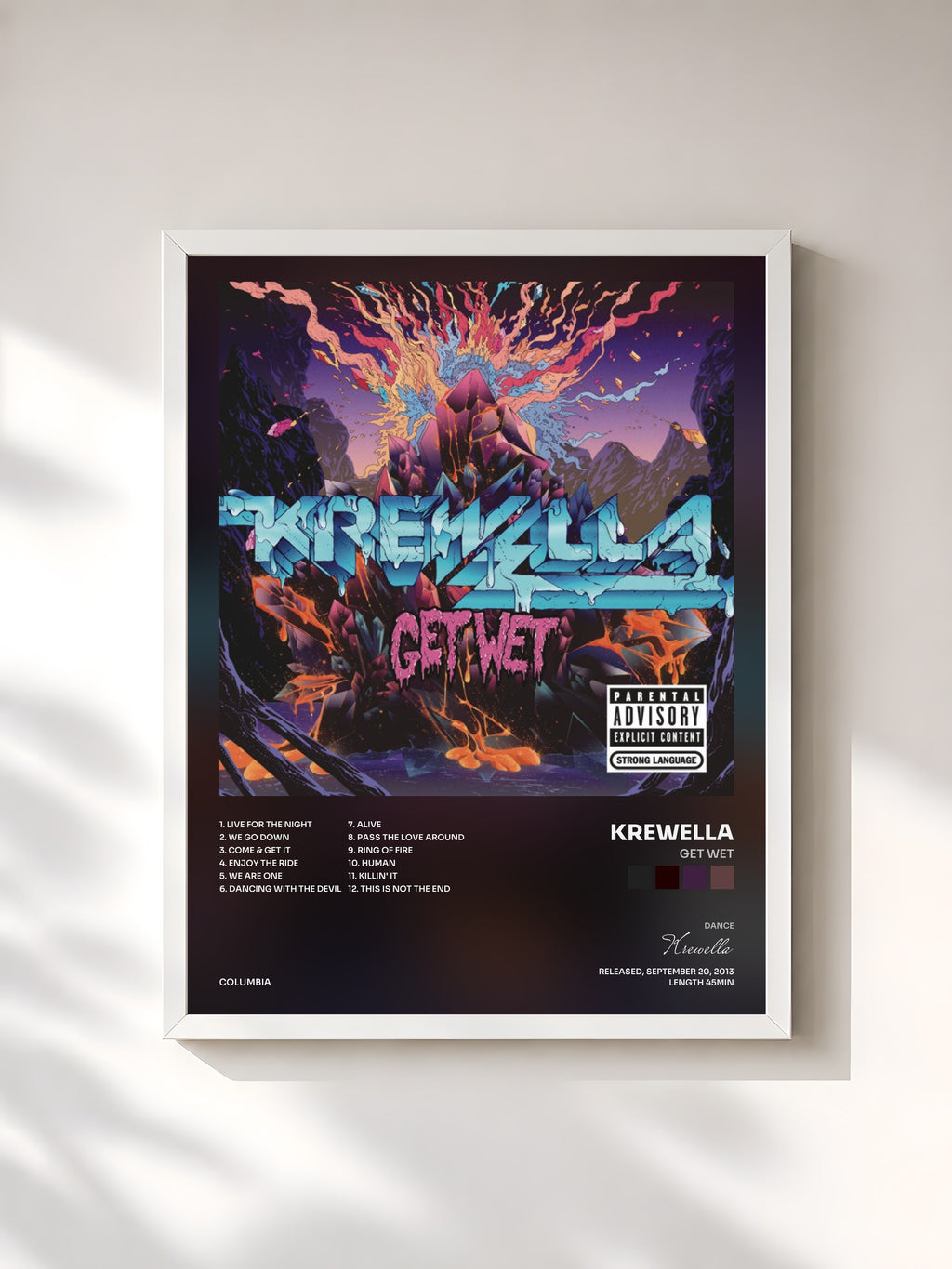 #blanc Tableau de l'album Get Wet de Krewella, cadre blanc, imprimé et encadré en France