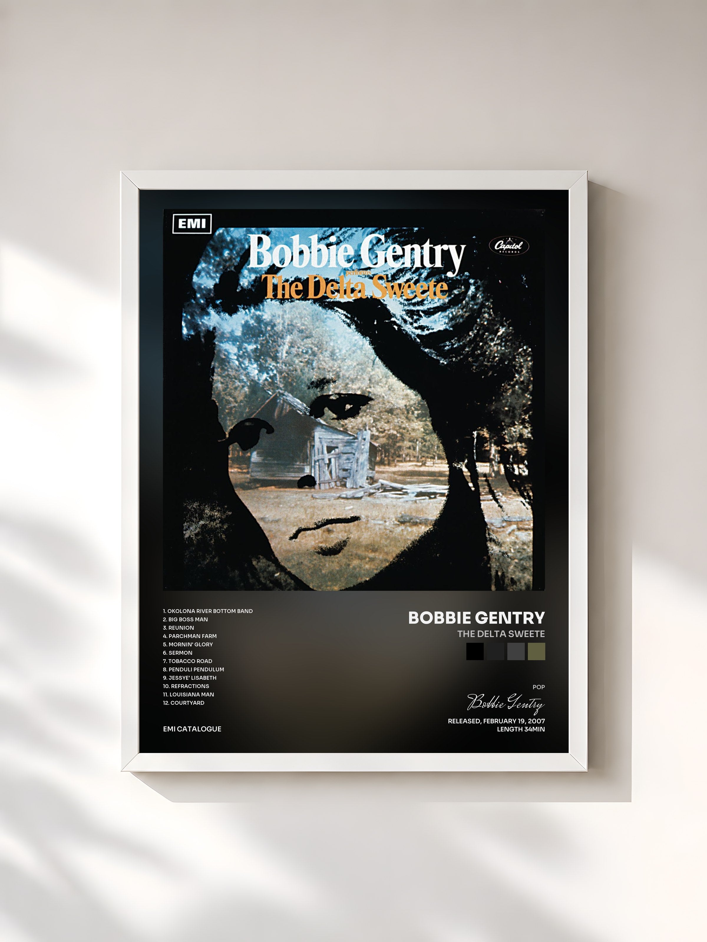 #blanc Tableau de l'album The Delta Sweete de Bobbie Gentry, cadre blanc, imprimé et encadré en France