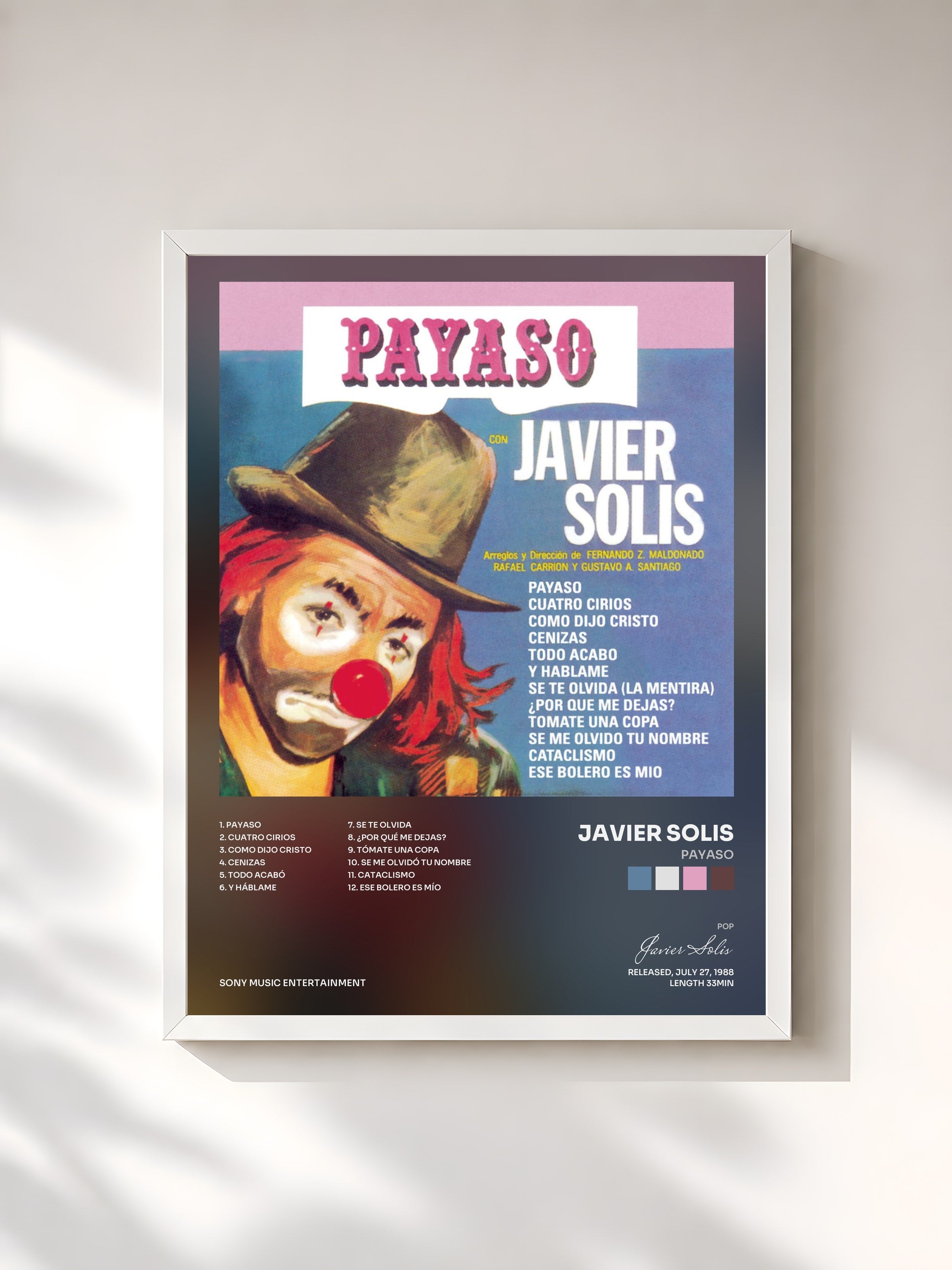 #blanc Tableau de l'album Payaso de Javier Solis, cadre blanc, imprimé et encadré en France