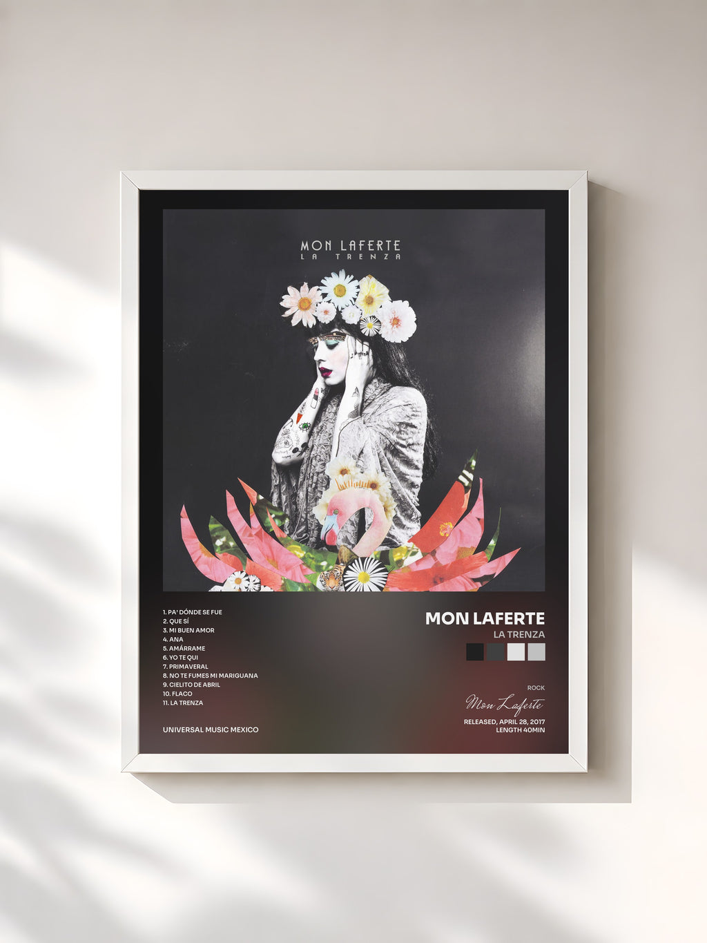 #blanc Tableau de l'album La Trenza de Mon Laferte, cadre blanc, imprimé et encadré en France