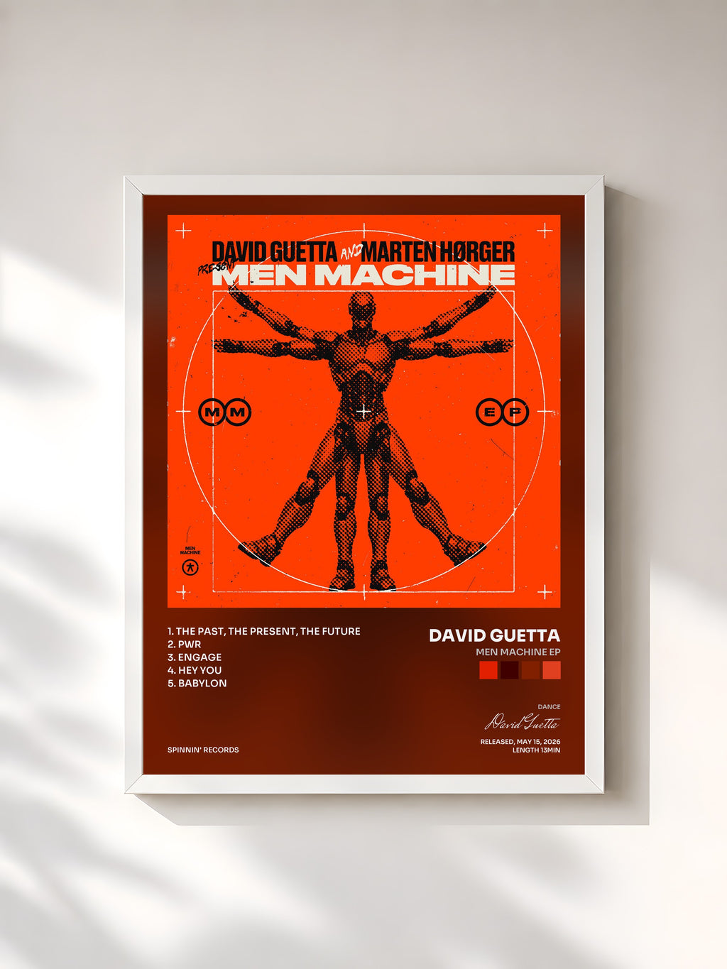 #blanc Tableau de l'album Men Machine EP de David Guetta, cadre blanc, imprimé et encadré en France