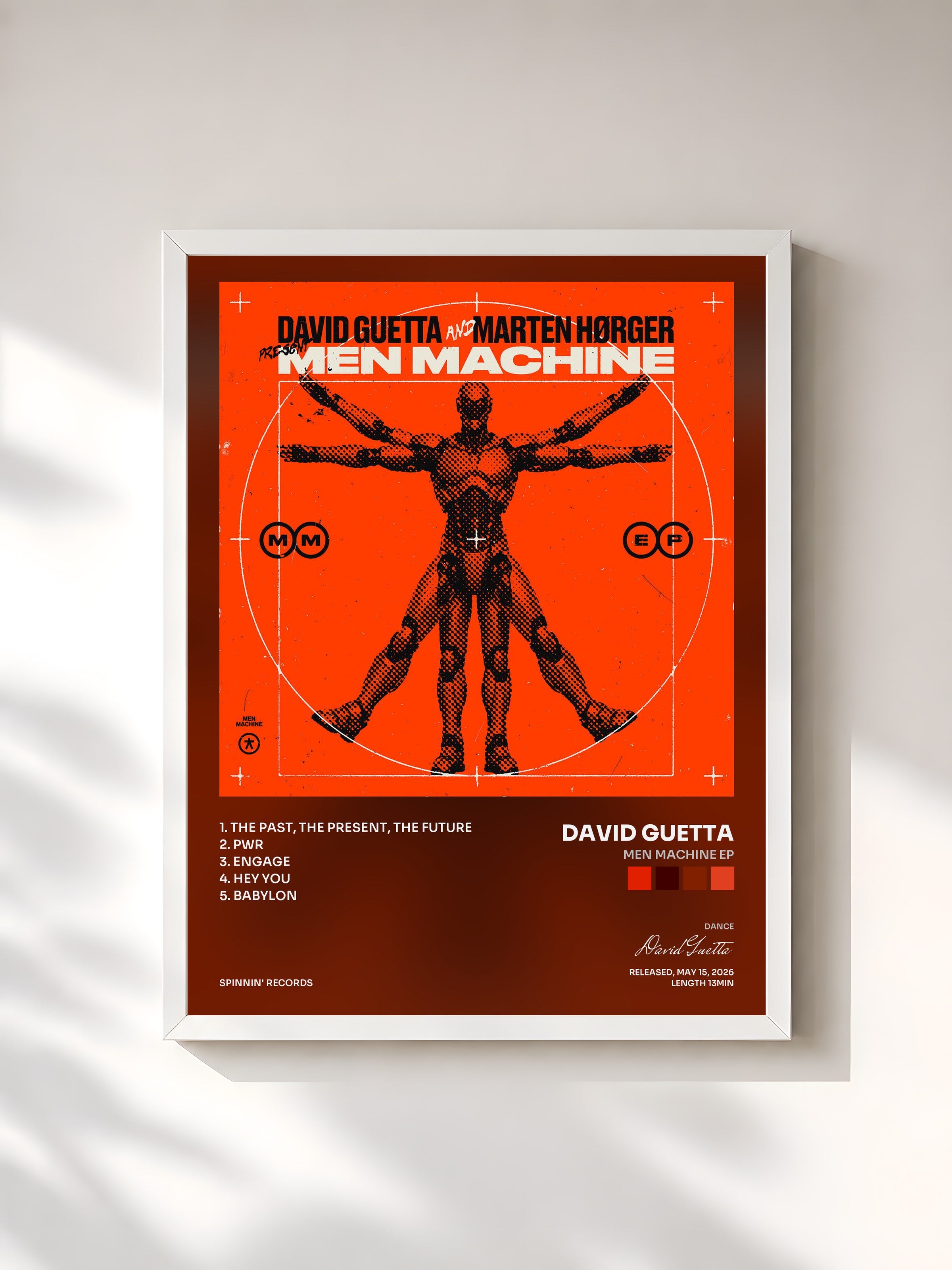 #blanc Tableau de l'album Men Machine EP de David Guetta, cadre blanc, imprimé et encadré en France