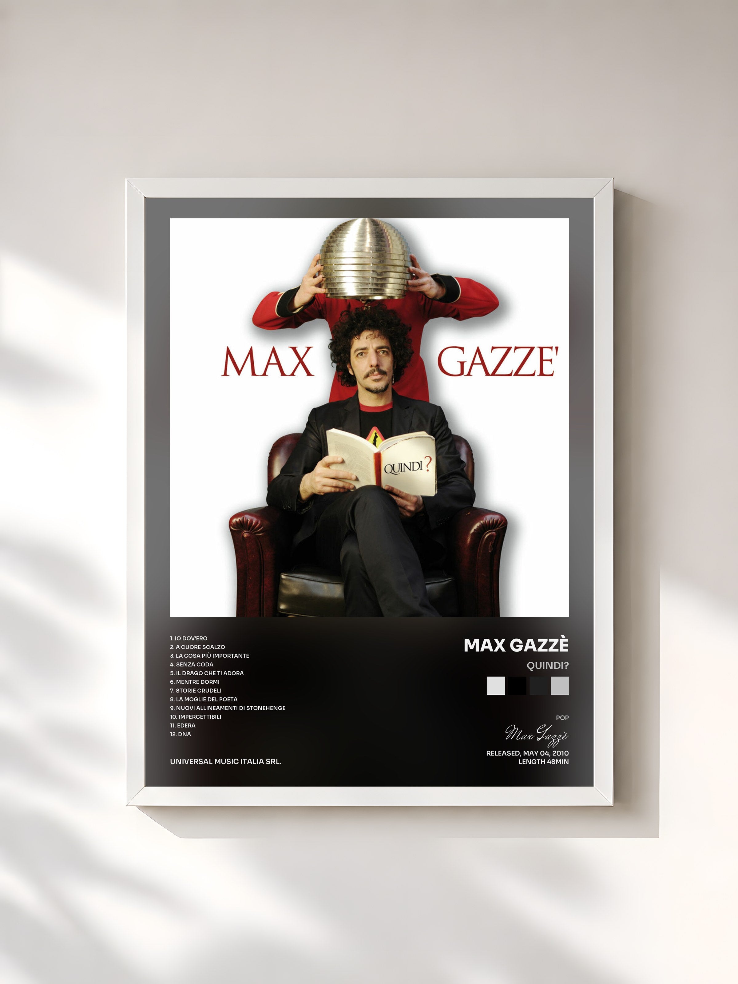 #blanc Tableau de l'album Quindi? de Max Gazzè, cadre blanc, imprimé et encadré en France