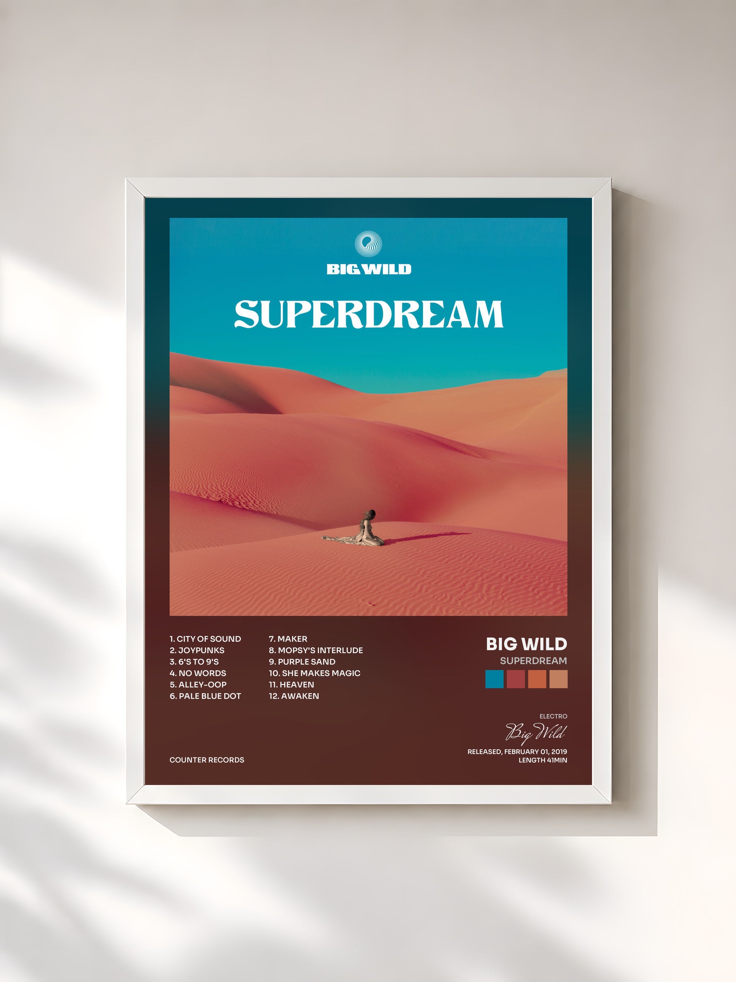 #blanc Tableau de l'album Superdream de Big Wild, cadre blanc, imprimé et encadré en France