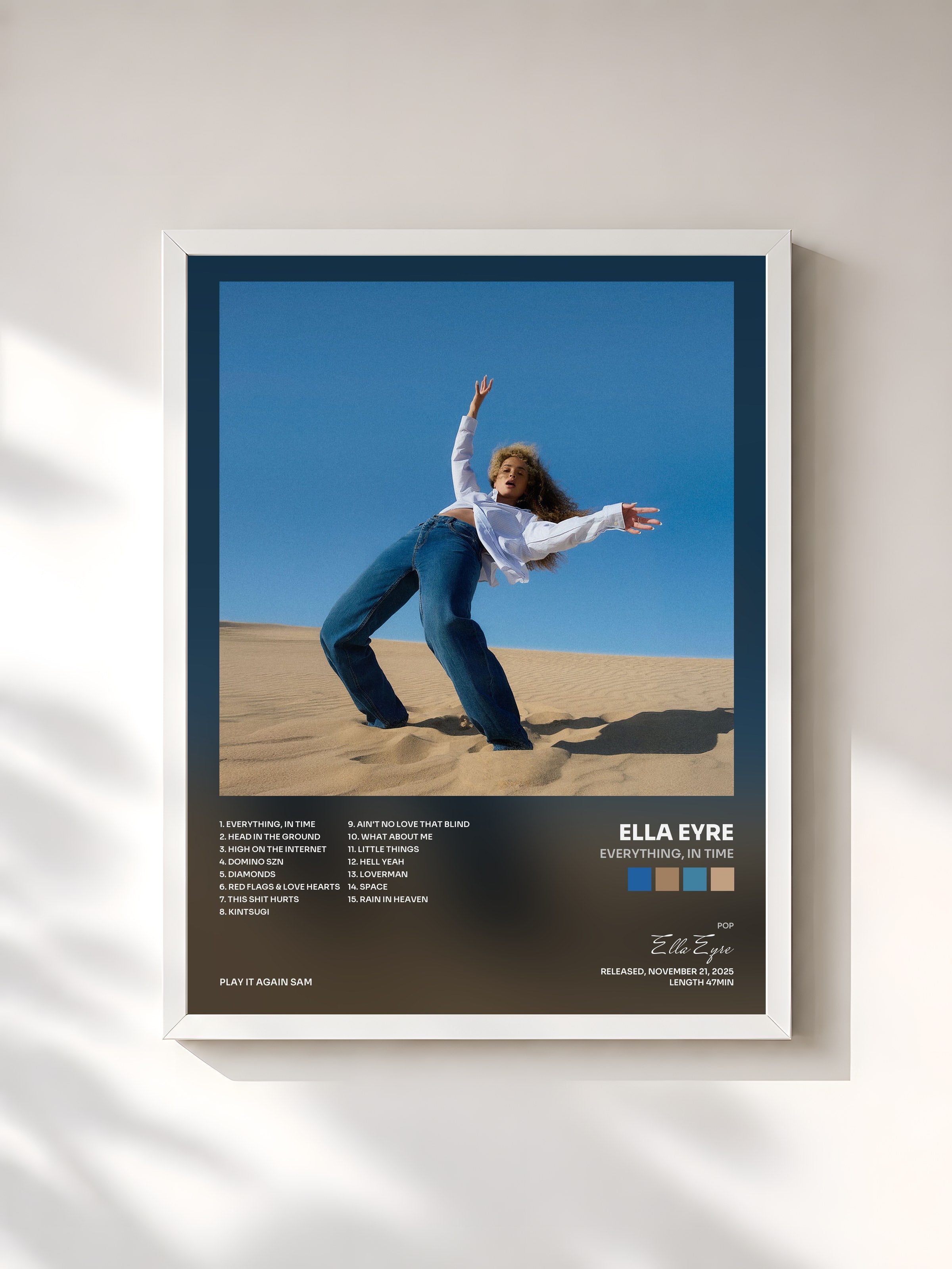 #blanc Tableau de l'album everything, in time de Ella Eyre, cadre blanc, imprimé et encadré en France