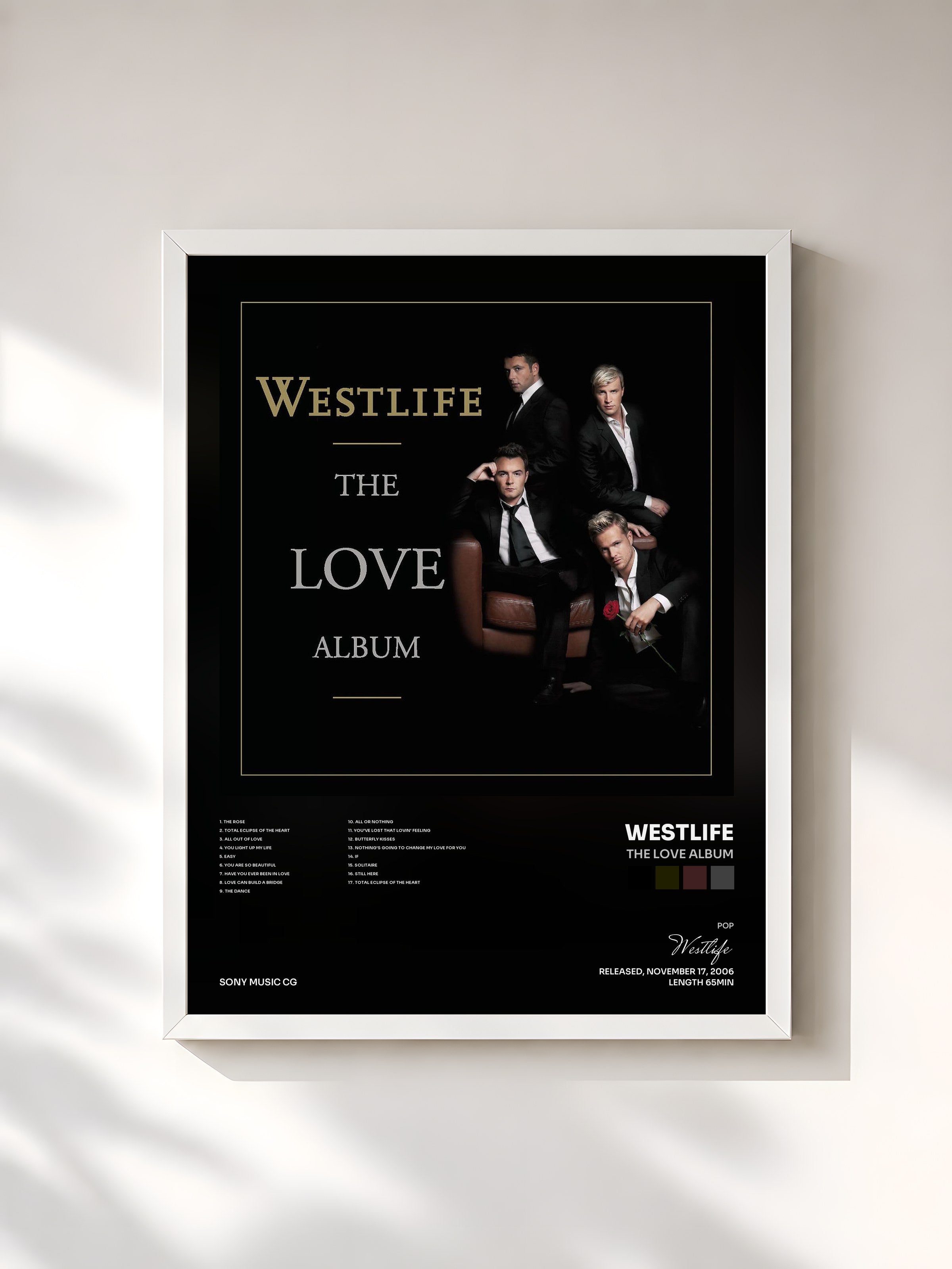 #blanc Tableau de l'album The Love Album de Westlife, cadre blanc, imprimé et encadré en France