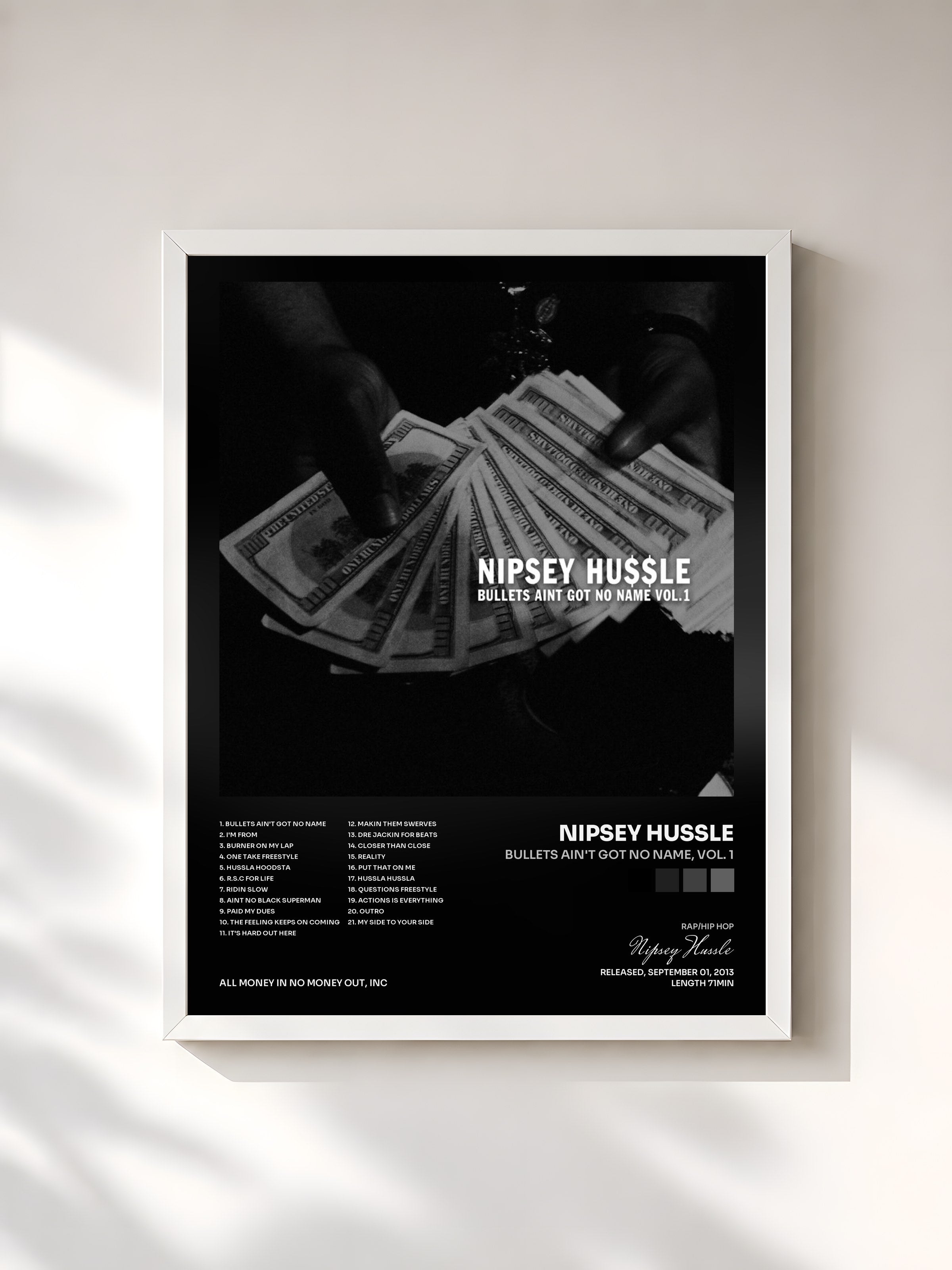 #blanc Tableau de l'album Bullets Ain't Got No Name, Vol. 1 de Nipsey Hussle, cadre blanc, imprimé et encadré en France