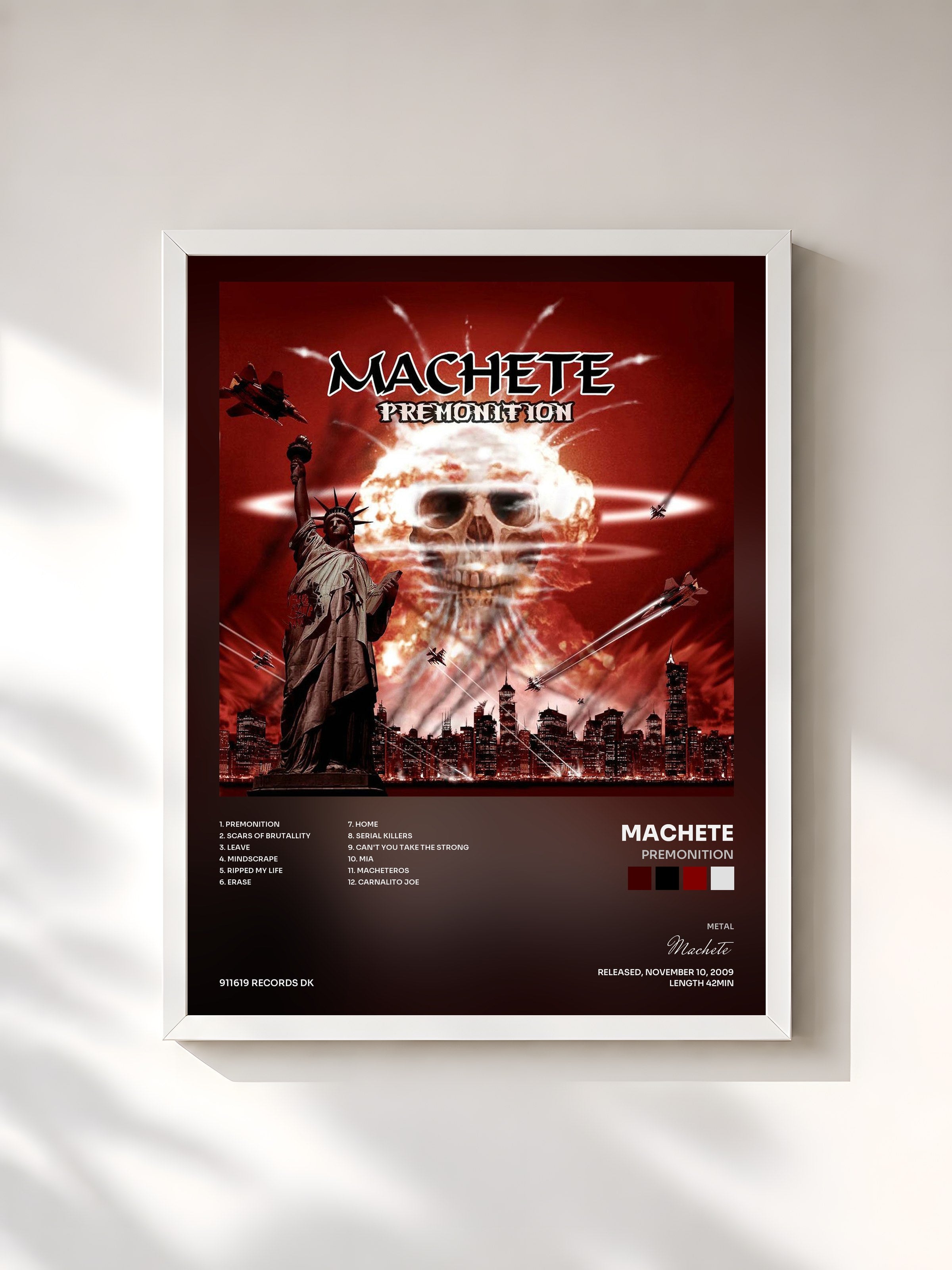 #blanc Tableau de l'album Premonition de Machete, cadre blanc, imprimé et encadré en France