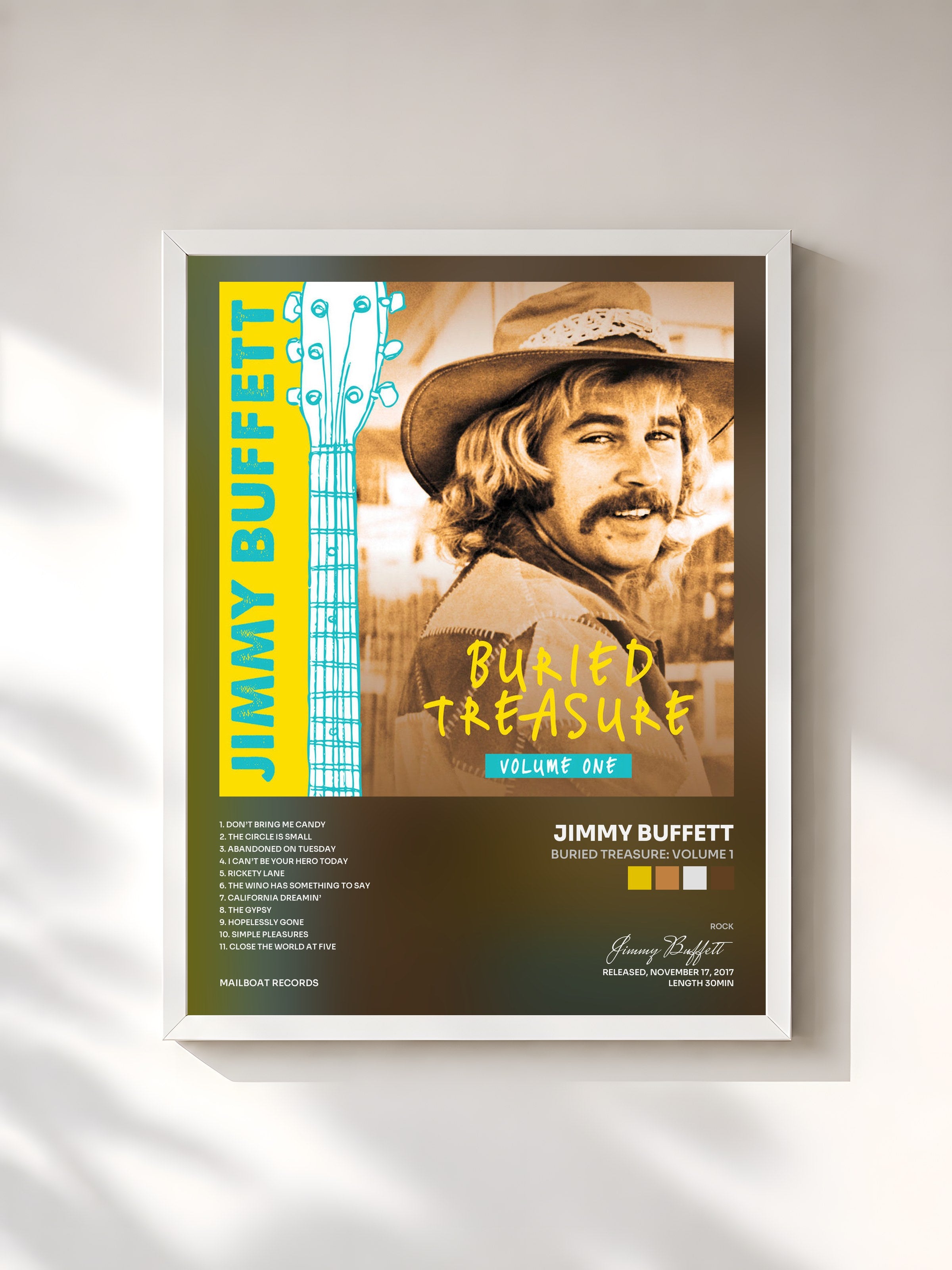 #blanc Tableau de l'album Buried Treasure: Volume 1 de Jimmy Buffett, cadre blanc, imprimé et encadré en France