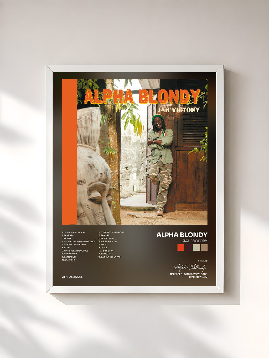 #blanc Tableau de l'album Jah Victory de Alpha Blondy, cadre blanc, imprimé et encadré en France