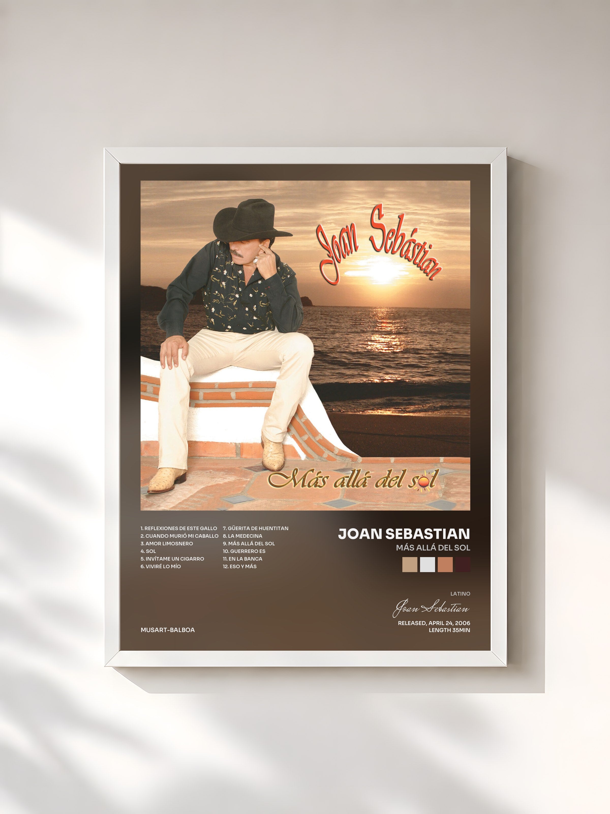 #blanc Tableau de l'album Más Allá Del Sol de Joan Sebastian, cadre blanc, imprimé et encadré en France