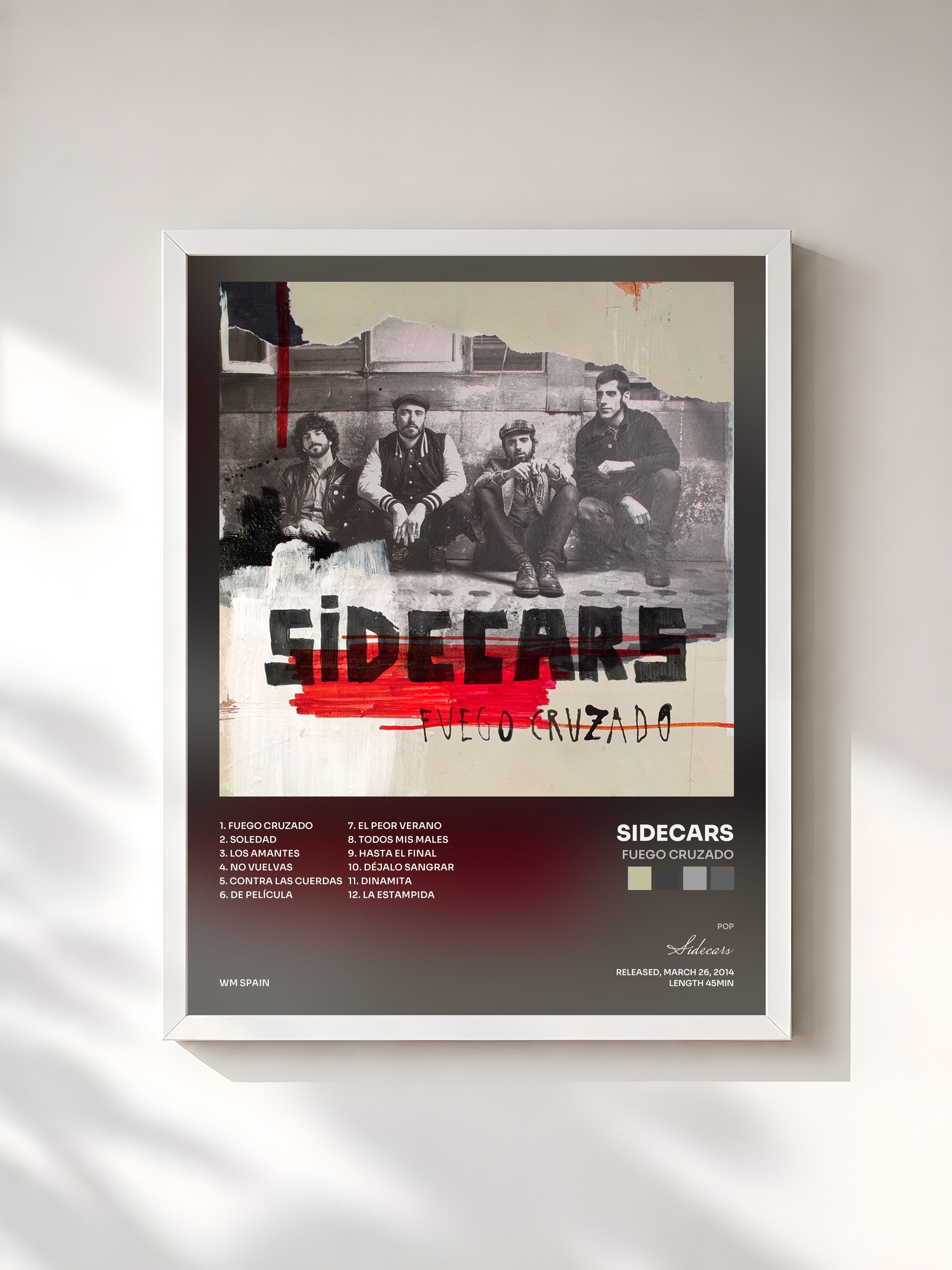 #blanc Tableau de l'album Fuego cruzado de Sidecars, cadre blanc, imprimé et encadré en France