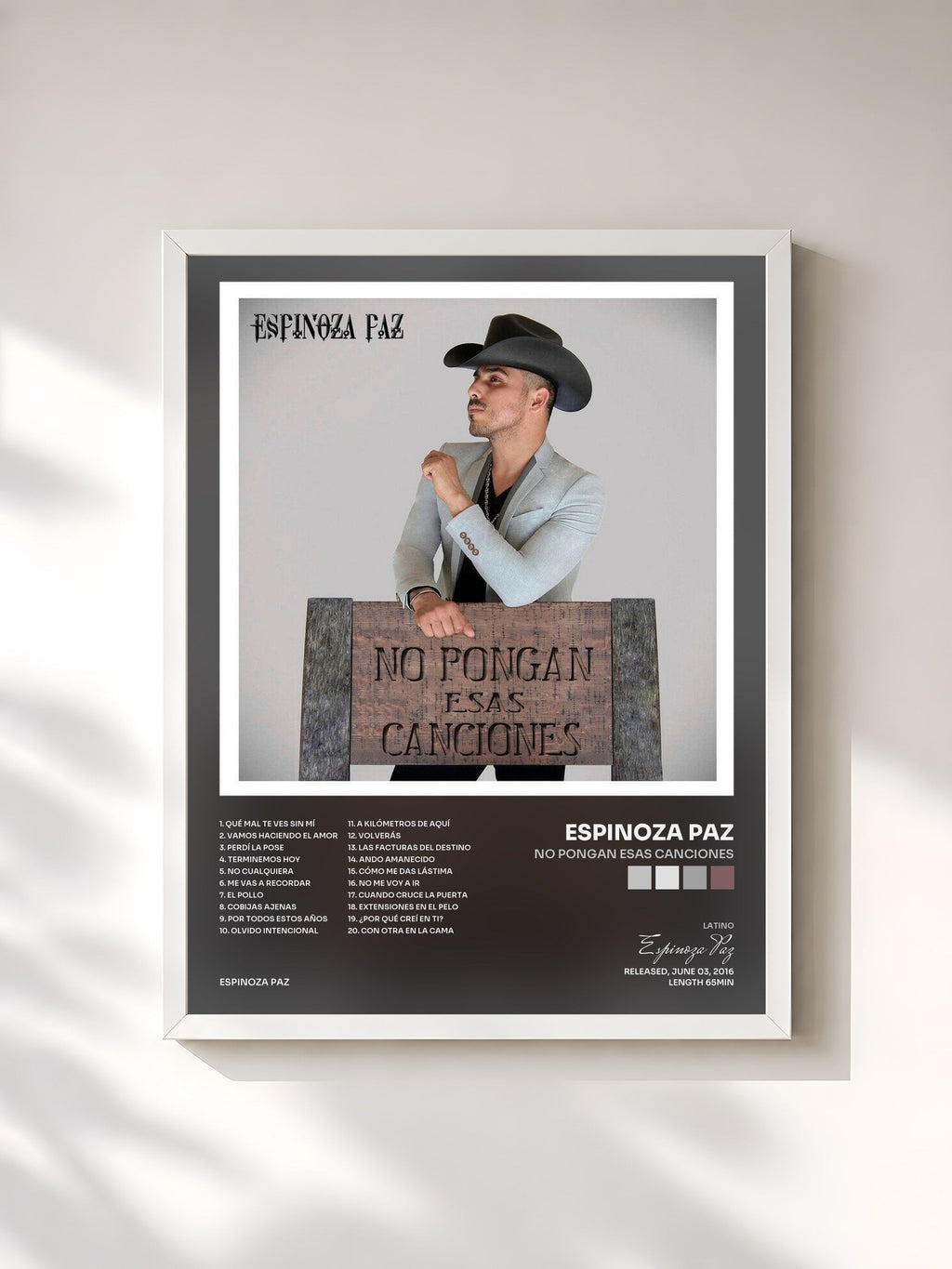 #blanc No Pongan Esas Canciones by Espinoza Paz as a framed art print, white frame, printed and framed in France