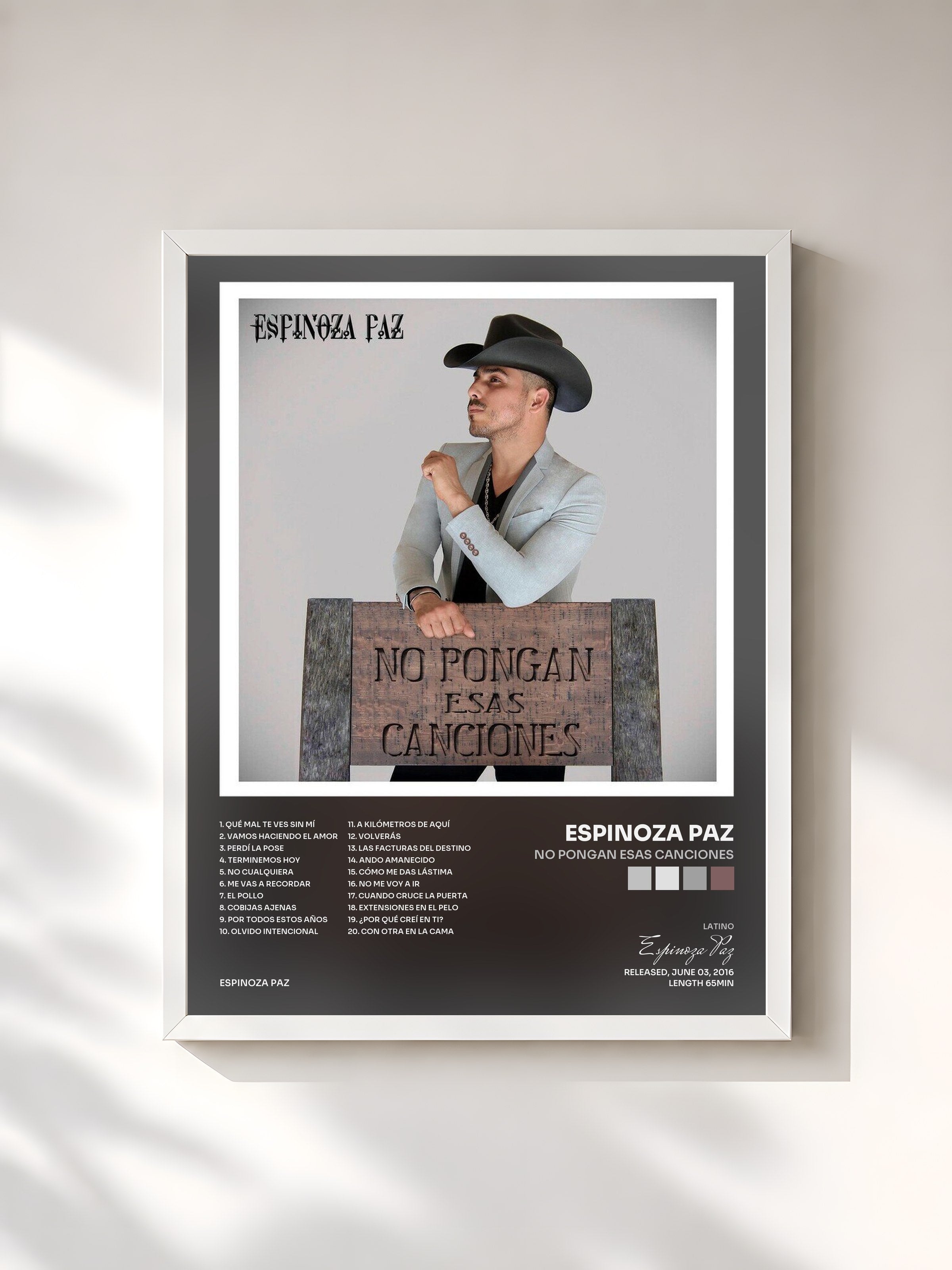 #blanc Tableau de l'album No Pongan Esas Canciones de Espinoza Paz, cadre blanc, imprimé et encadré en France