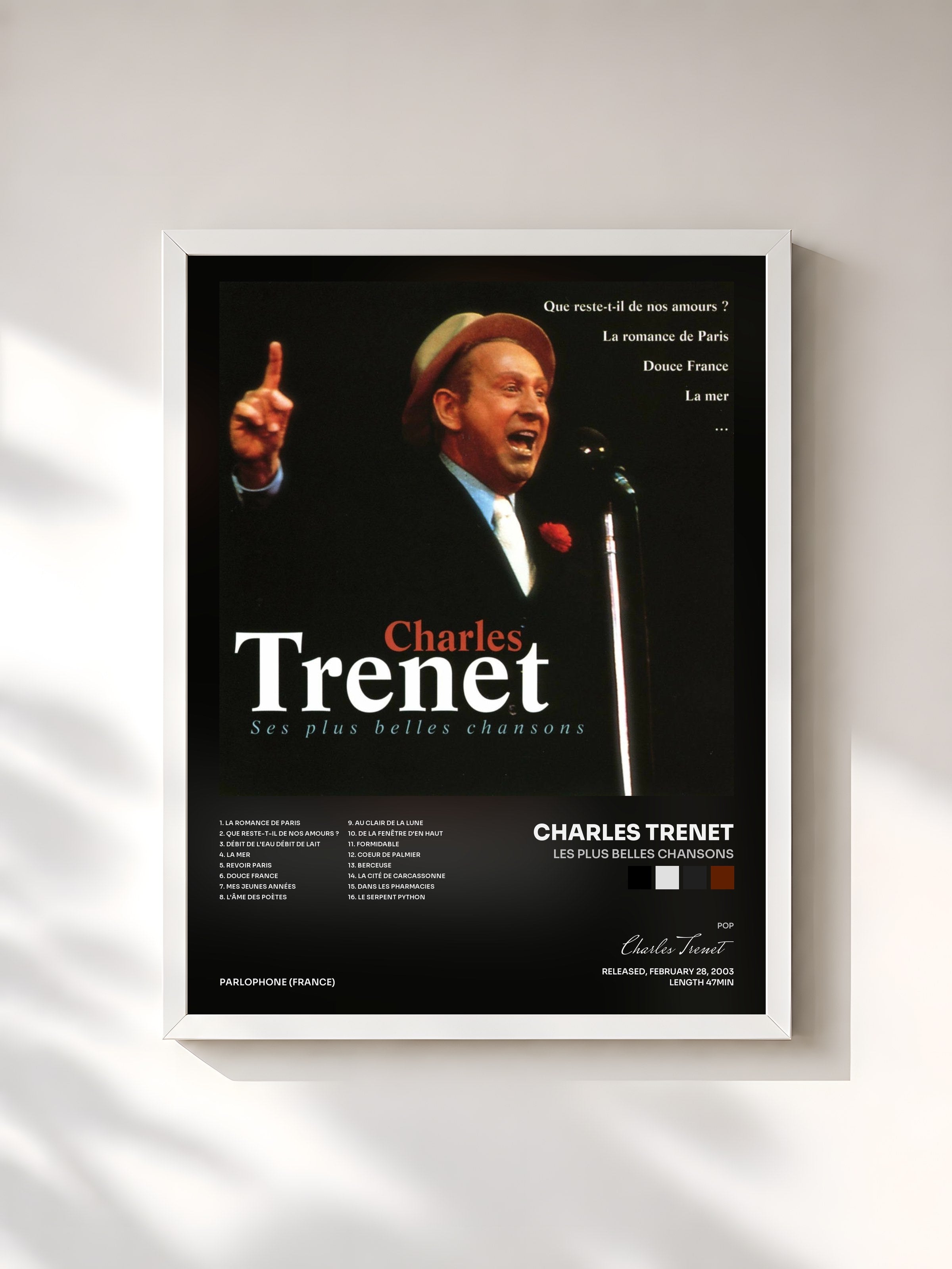 #blanc Tableau de l'album les plus belles chansons de Charles Trenet, cadre blanc, imprimé et encadré en France