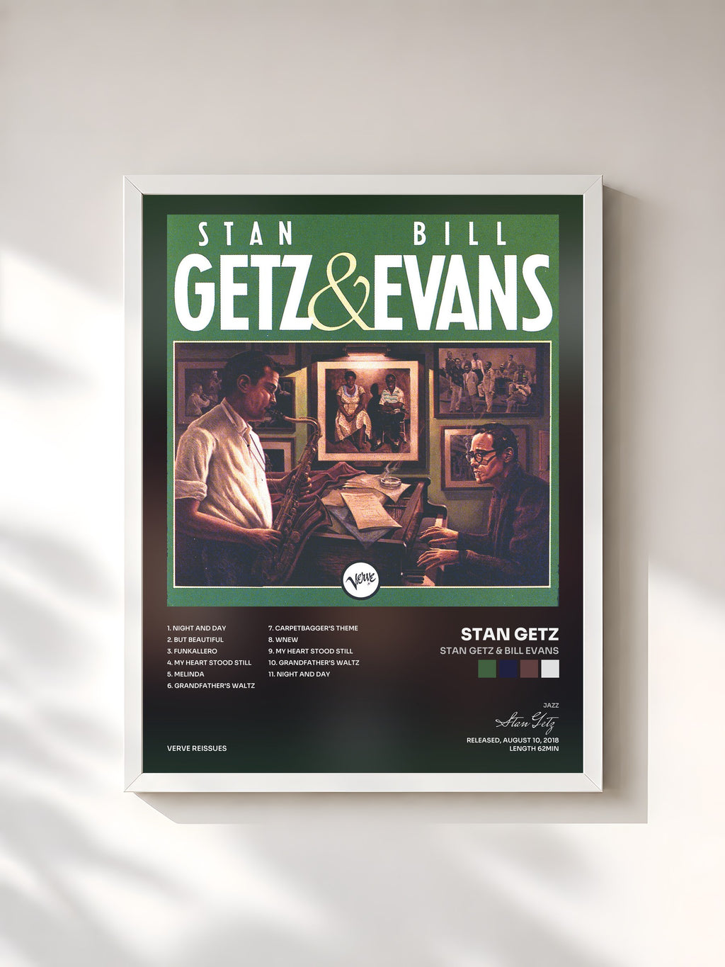 #blanc Tableau de l'album Stan Getz & Bill Evans de Stan Getz, cadre blanc, imprimé et encadré en France