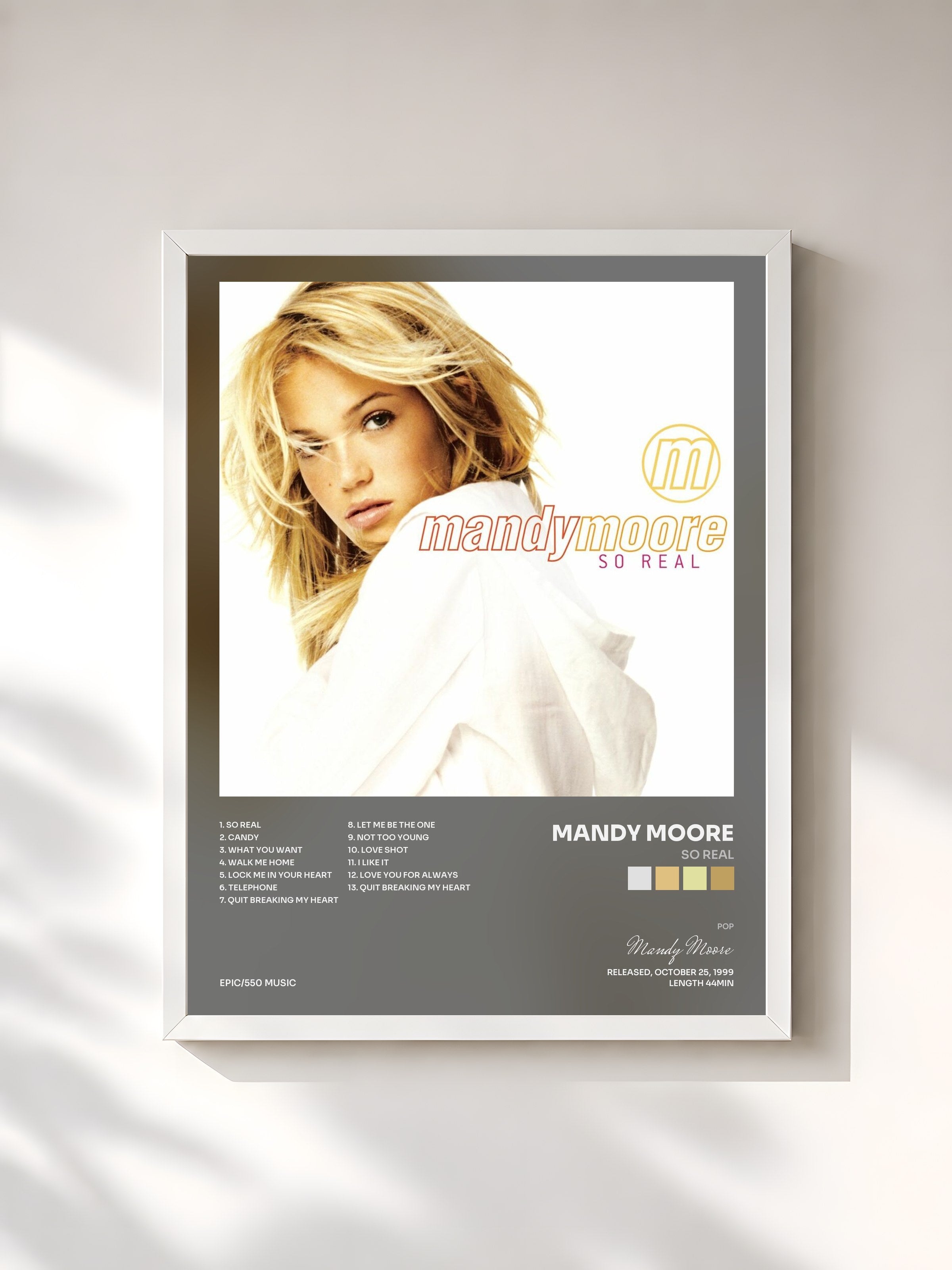 #blanc Tableau de l'album So Real de Mandy Moore, cadre blanc, imprimé et encadré en France