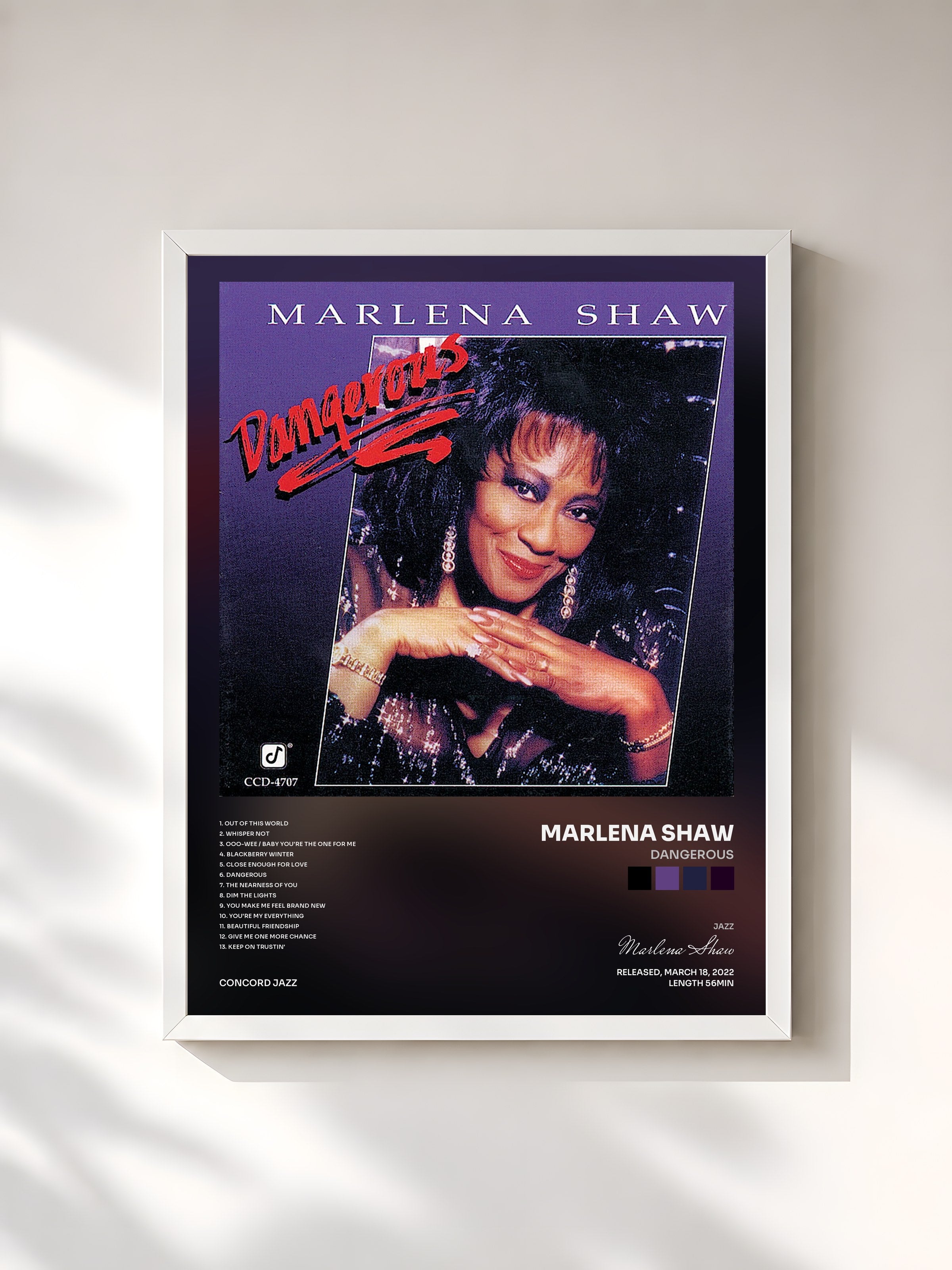 #blanc Tableau de l'album Dangerous de Marlena Shaw, cadre blanc, imprimé et encadré en France