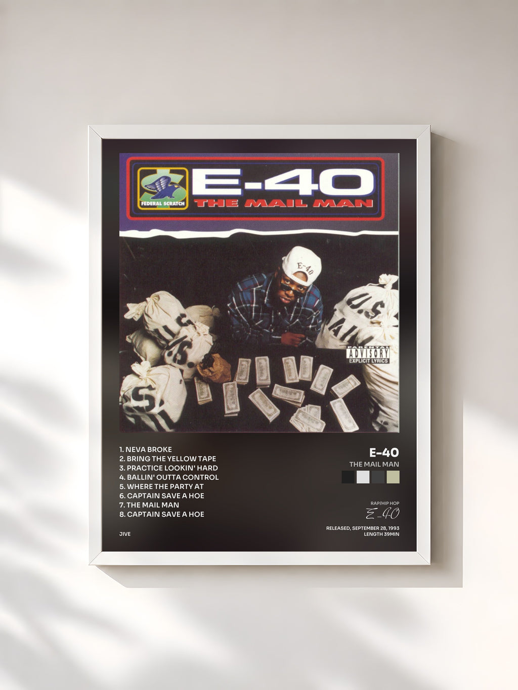#blanc The Mail Man by E-40 as a framed art print, white frame, printed and framed in France