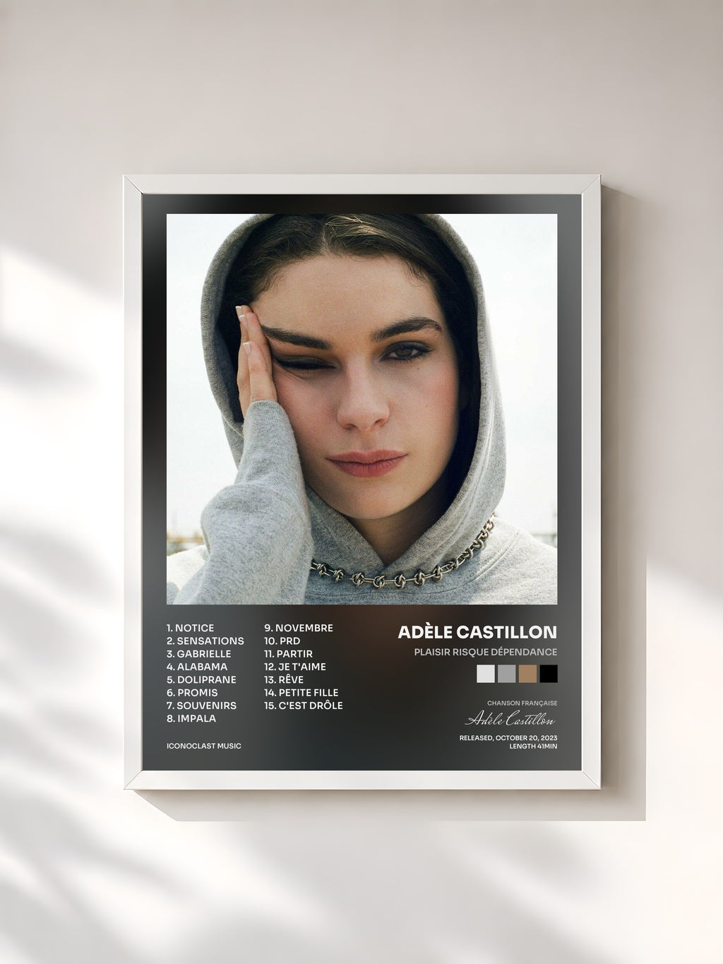 #blanc Plaisir Risque Dépendance by Adèle Castillon as a framed art print, white frame, printed and framed in France