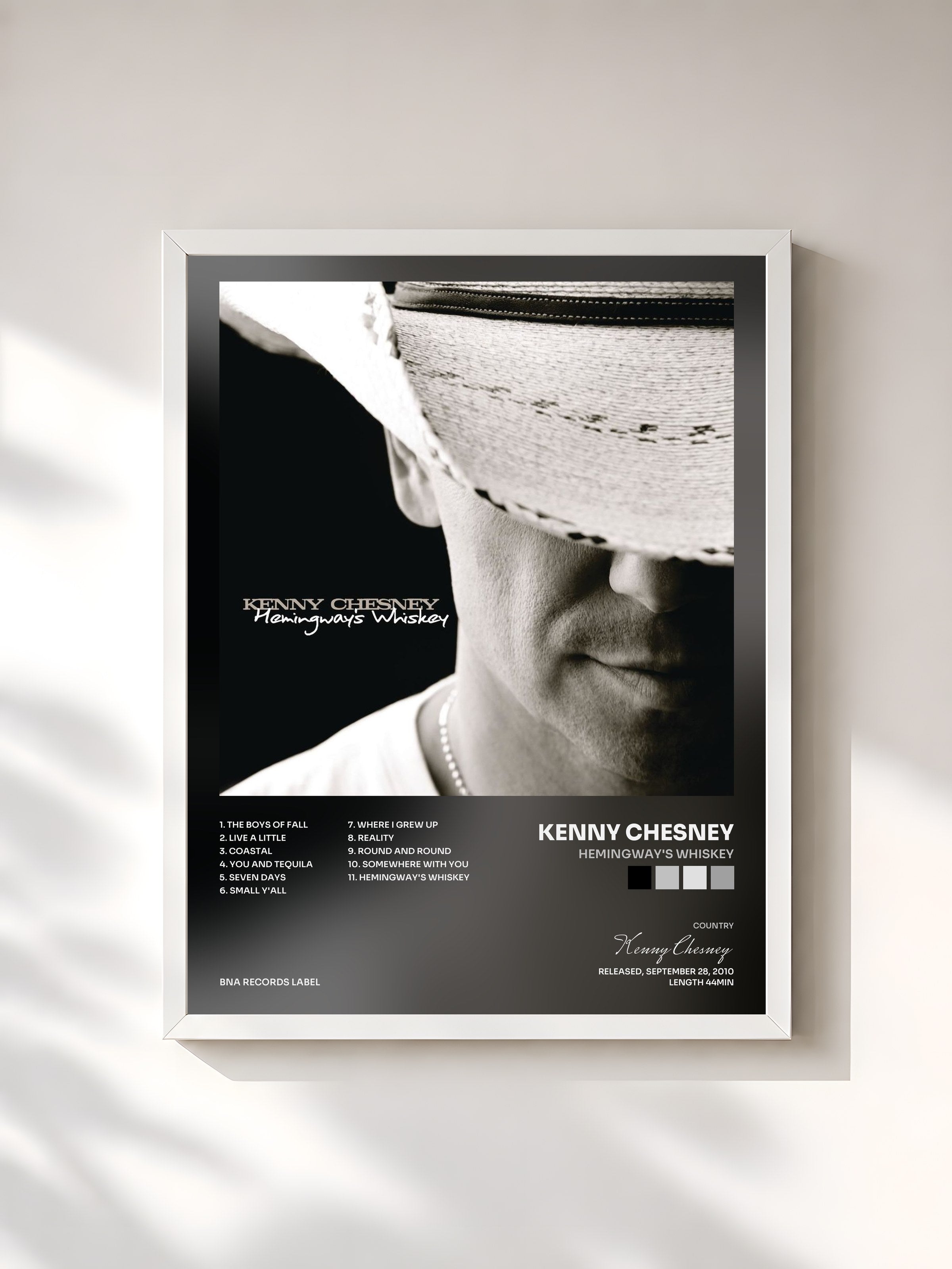 #blanc Tableau de l'album Hemingway's Whiskey de Kenny Chesney, cadre blanc, imprimé et encadré en France
