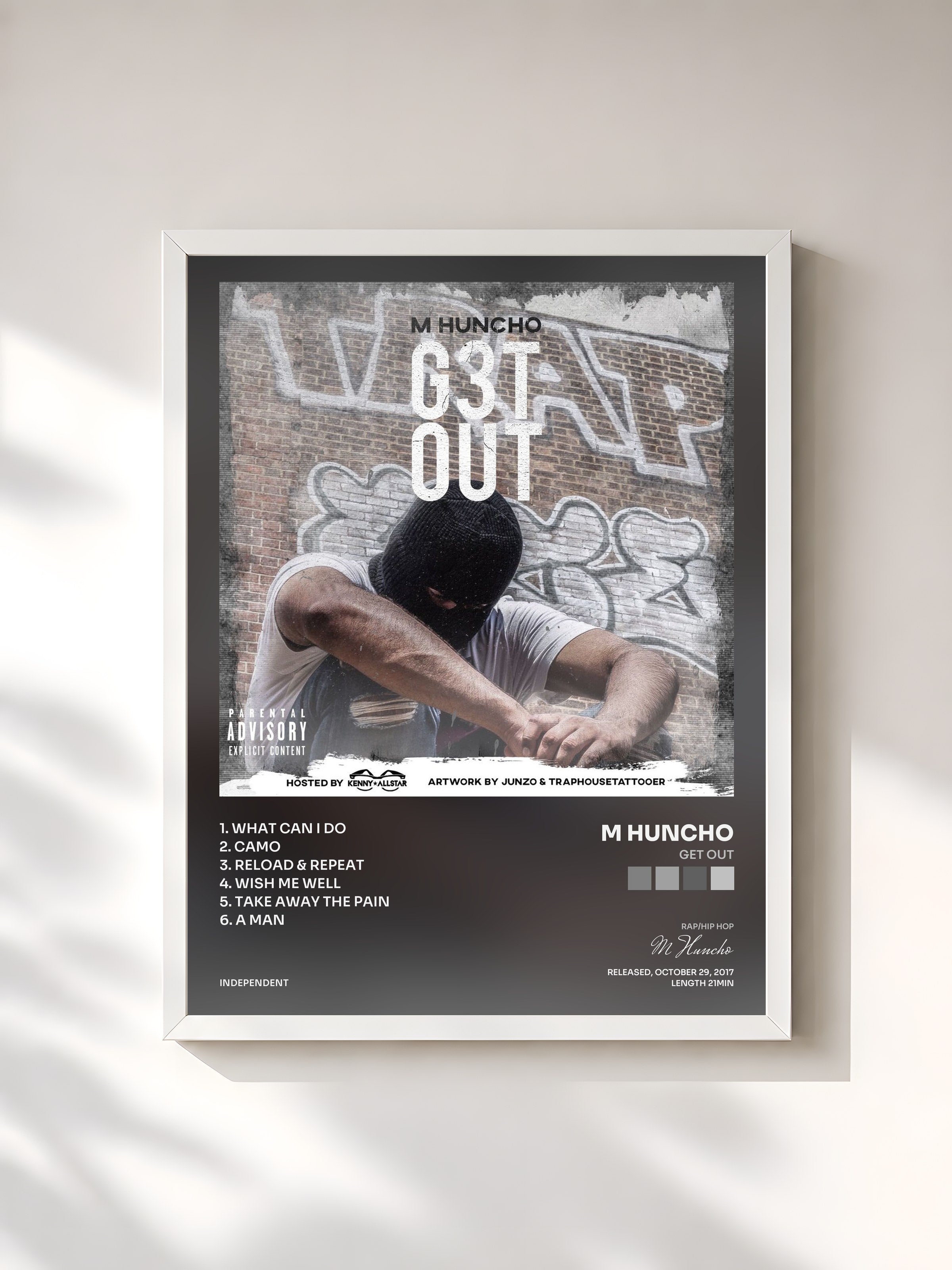 #blanc Tableau de l'album GET OUT de M Huncho, cadre blanc, imprimé et encadré en France