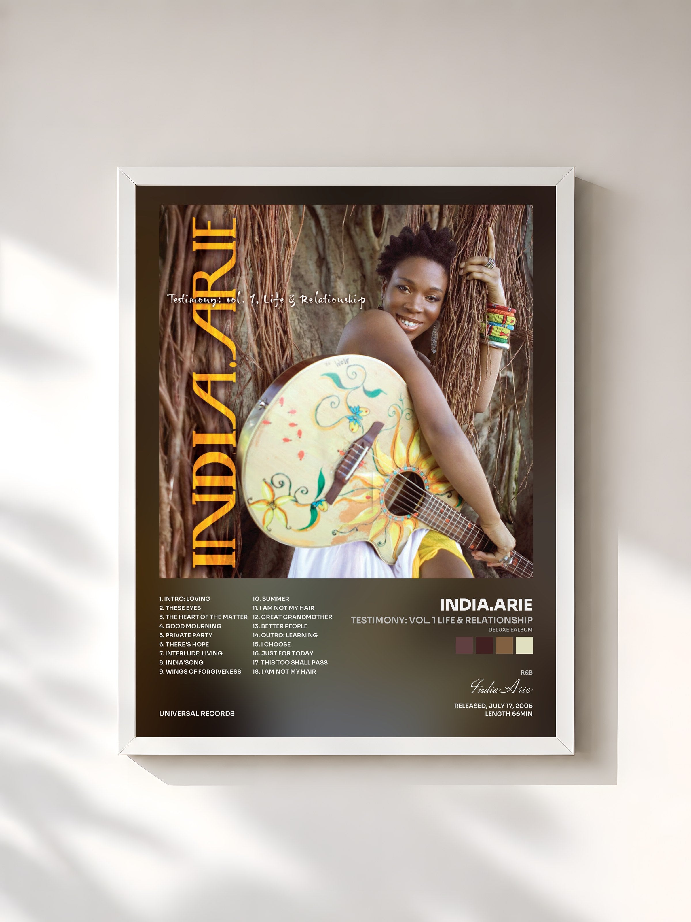 #blanc Tableau de l'album Testimony: Vol. 1 Life & Relationship (Deluxe eAlbum) de India.Arie, cadre blanc, imprimé et encadré en France