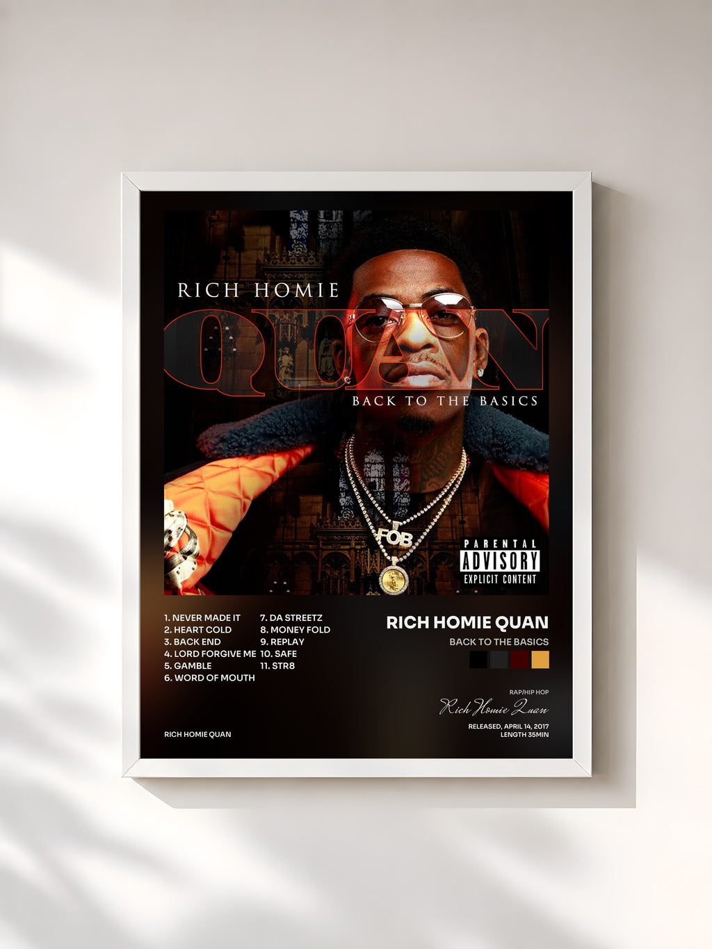 #blanc Tableau de l'album Back To The Basics de Rich Homie Quan, cadre blanc, imprimé et encadré en France