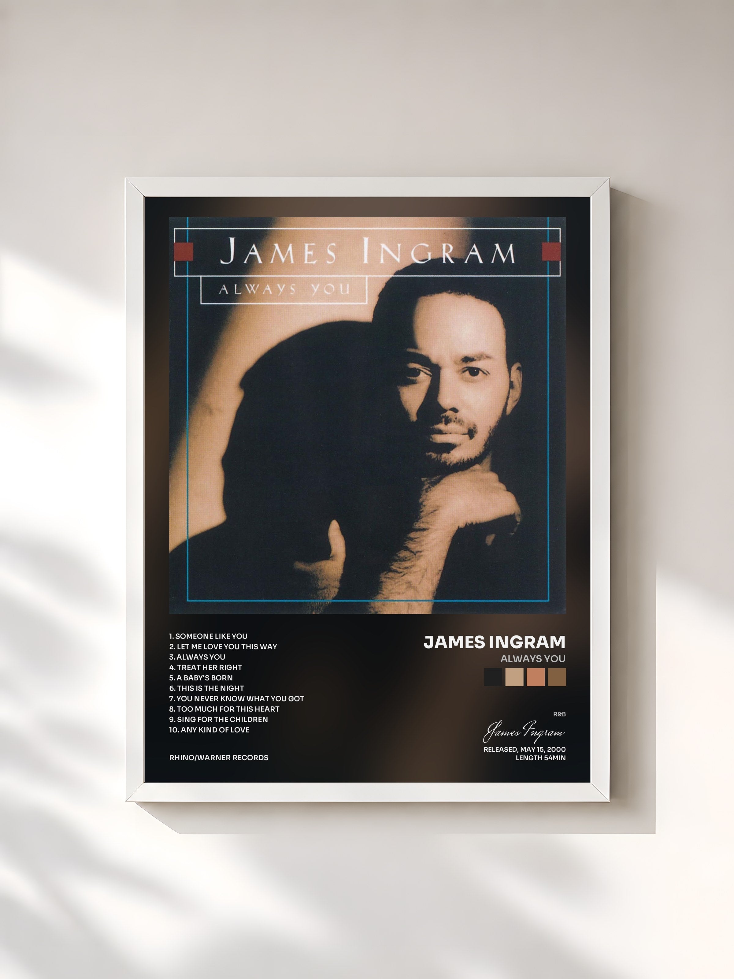 #blanc Tableau de l'album Always You de James Ingram, cadre blanc, imprimé et encadré en France