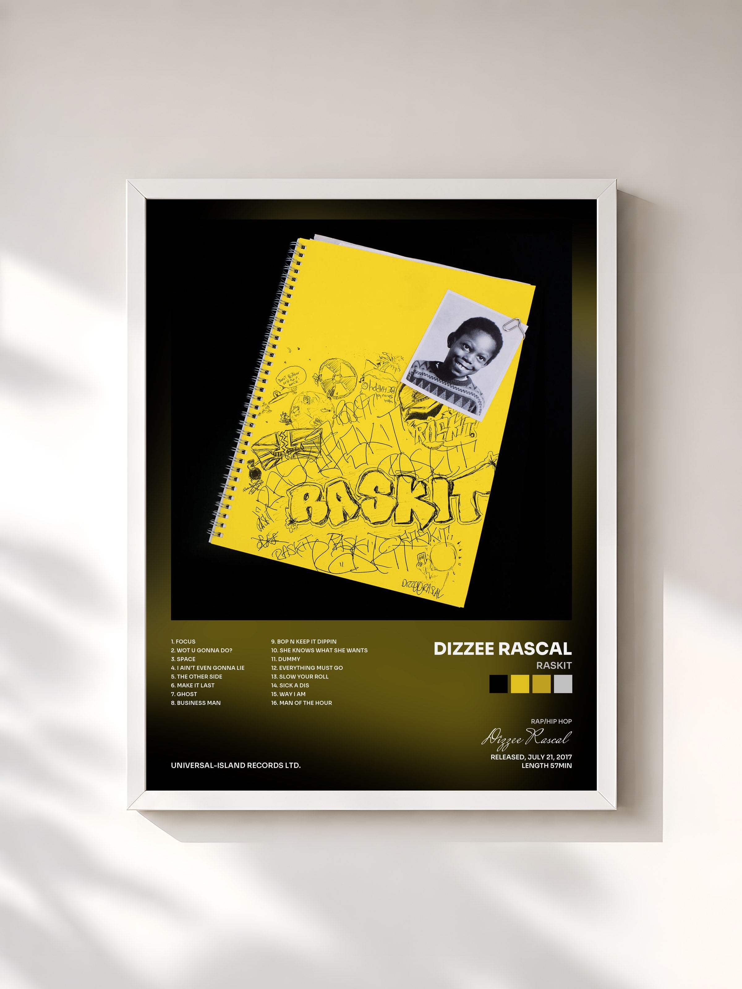 #blanc Tableau de l'album Raskit de Dizzee Rascal, cadre blanc, imprimé et encadré en France