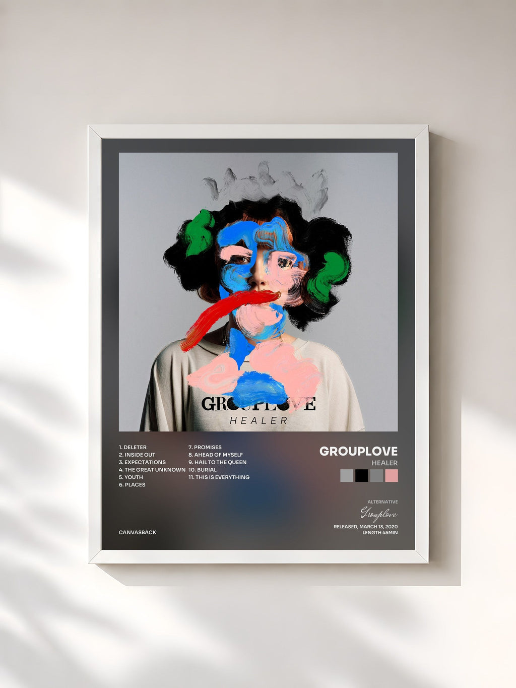 #blanc Tableau de l'album Healer de Grouplove, cadre blanc, imprimé et encadré en France