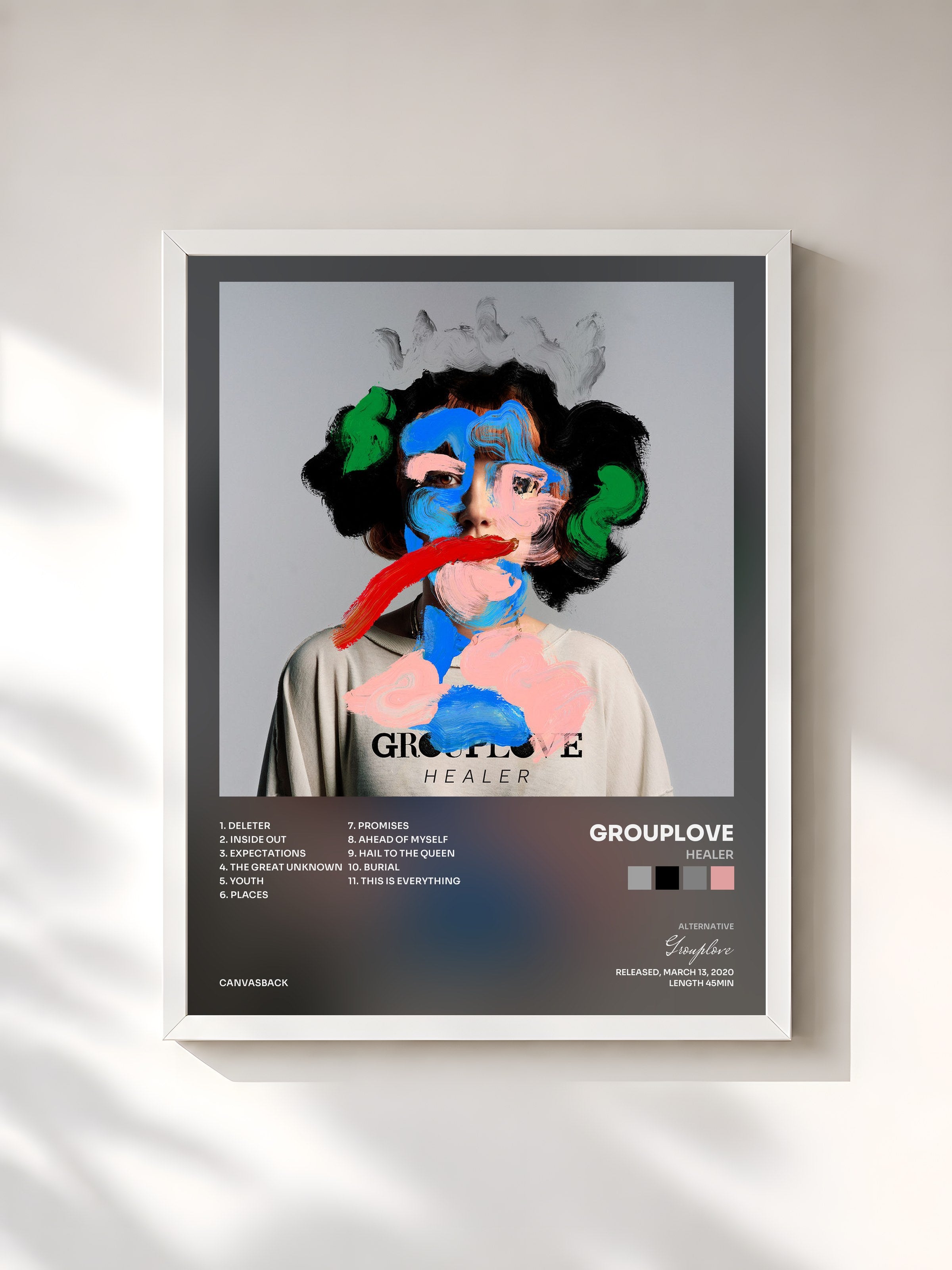 #blanc Tableau de l'album Healer de Grouplove, cadre blanc, imprimé et encadré en France