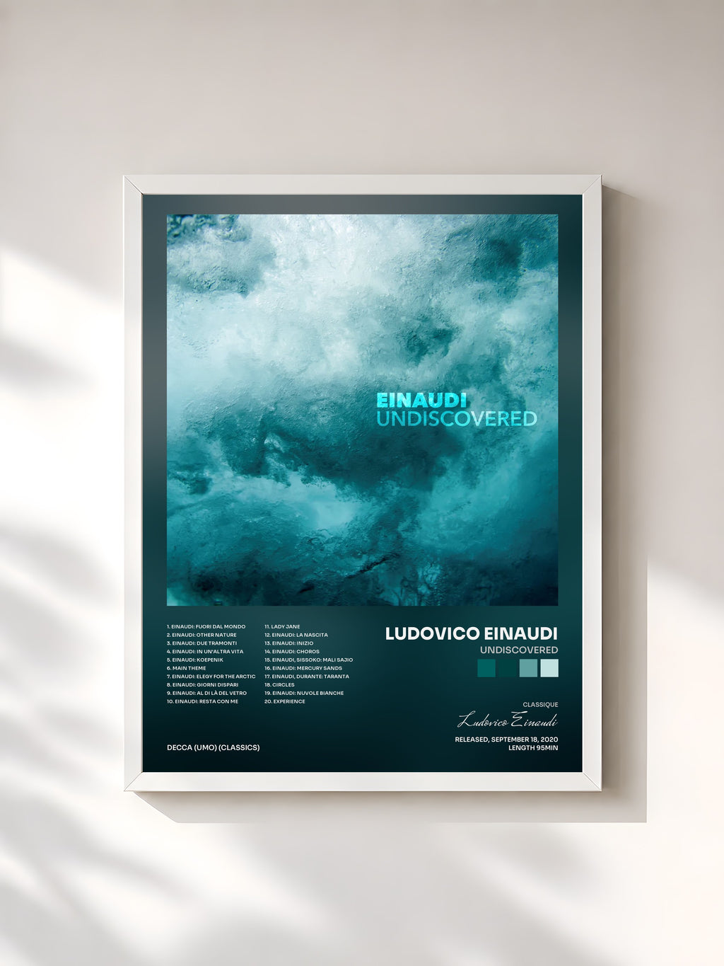 #blanc Tableau de l'album Undiscovered de Ludovico Einaudi, cadre blanc, imprimé et encadré en France