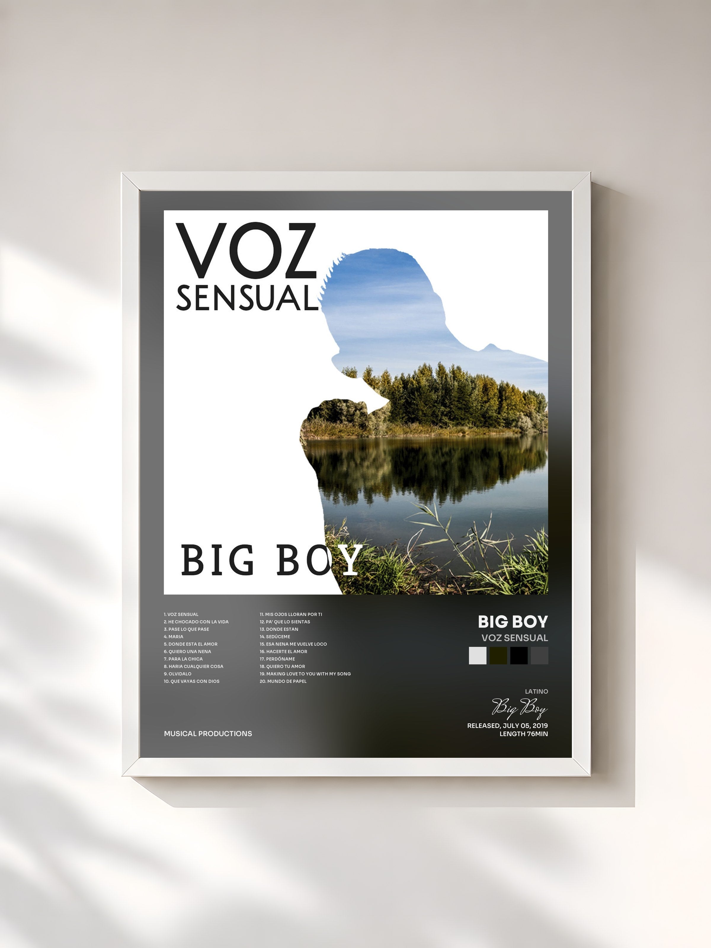 #blanc Tableau de l'album Voz Sensual de Big Boy, cadre blanc, imprimé et encadré en France