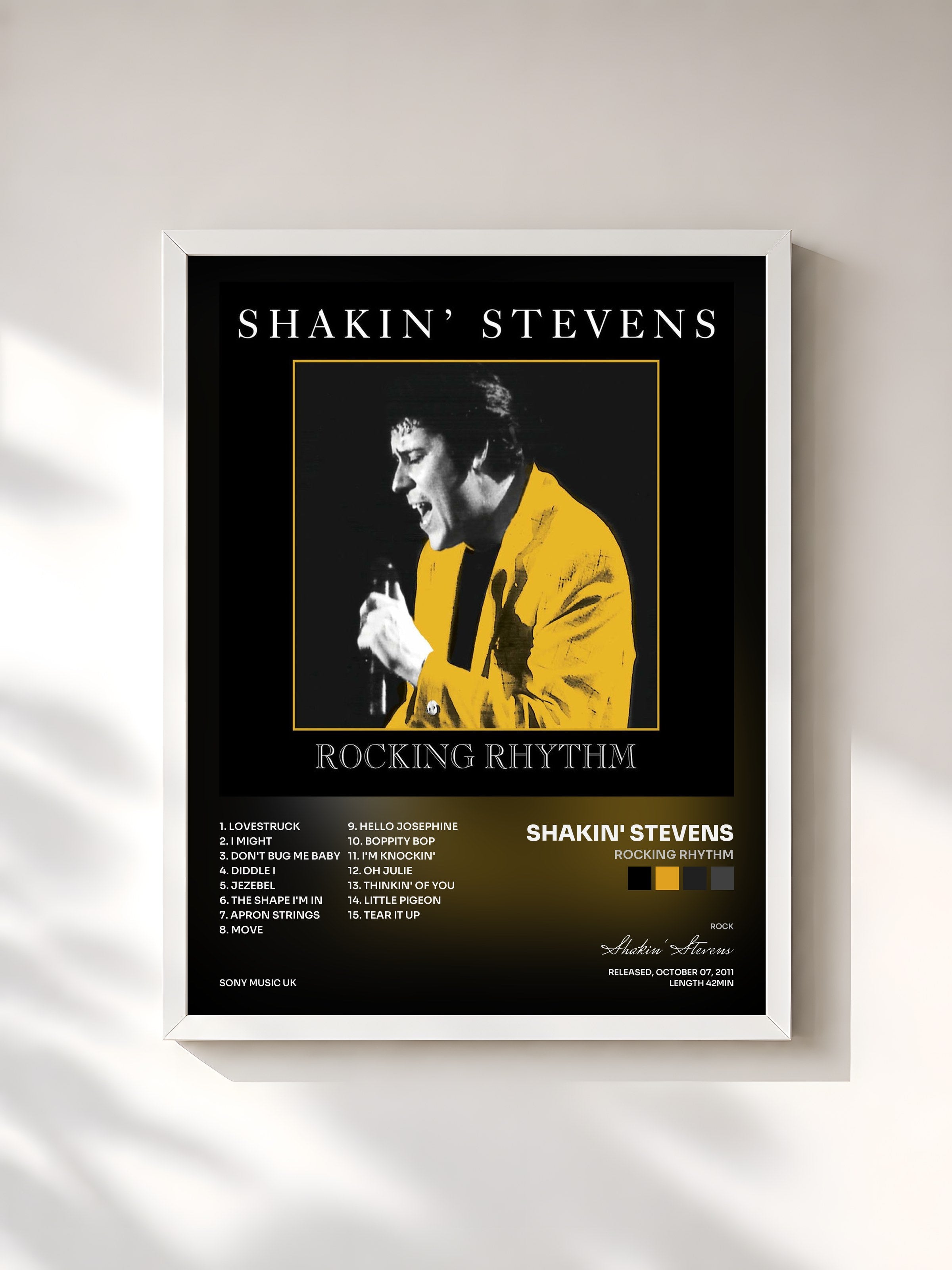 #blanc Tableau de l'album Rocking Rhythm de Shakin' Stevens, cadre blanc, imprimé et encadré en France
