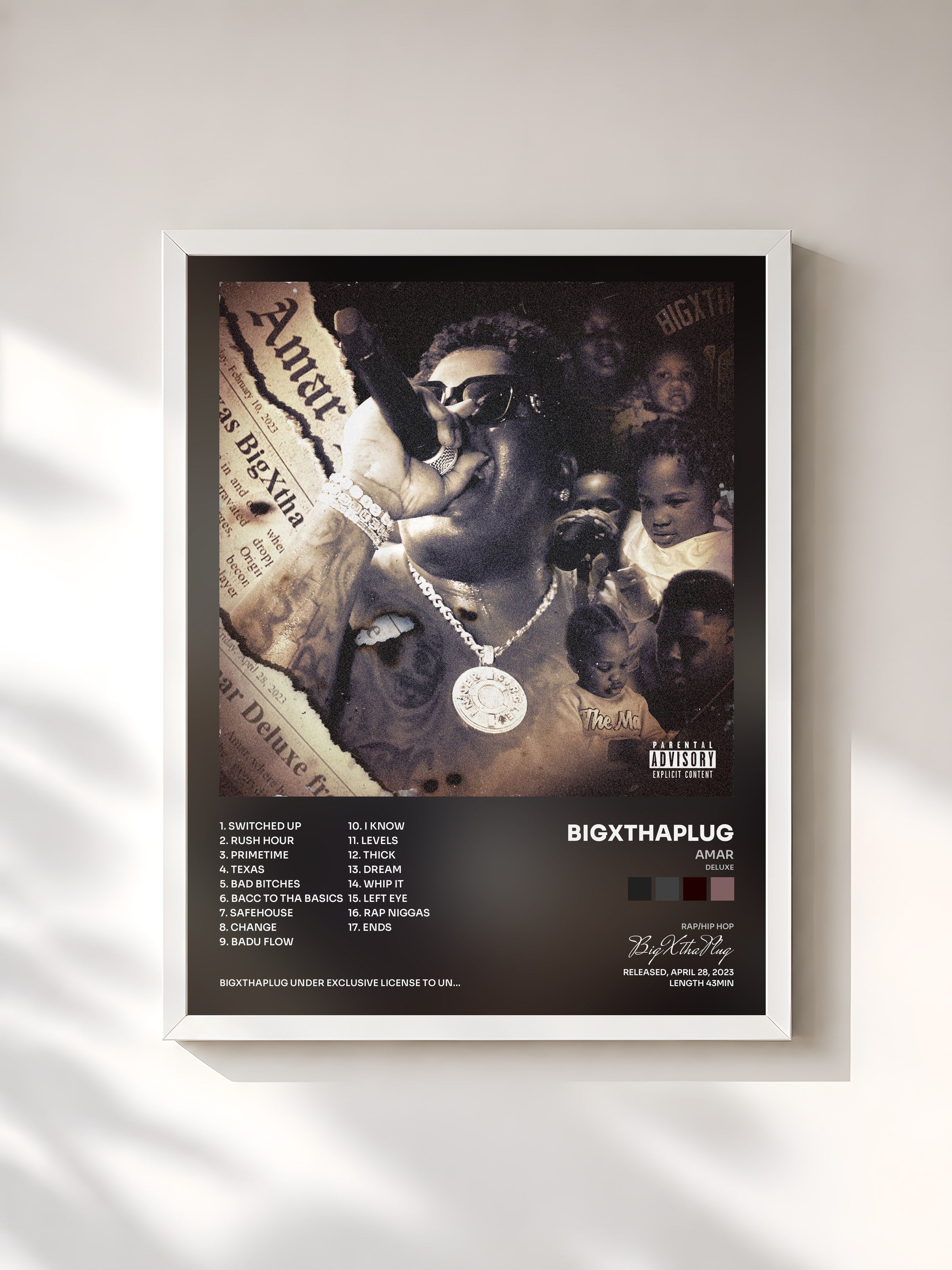 #blanc Tableau de l'album AMAR (Deluxe) de BigXthaPlug, cadre blanc, imprimé et encadré en France