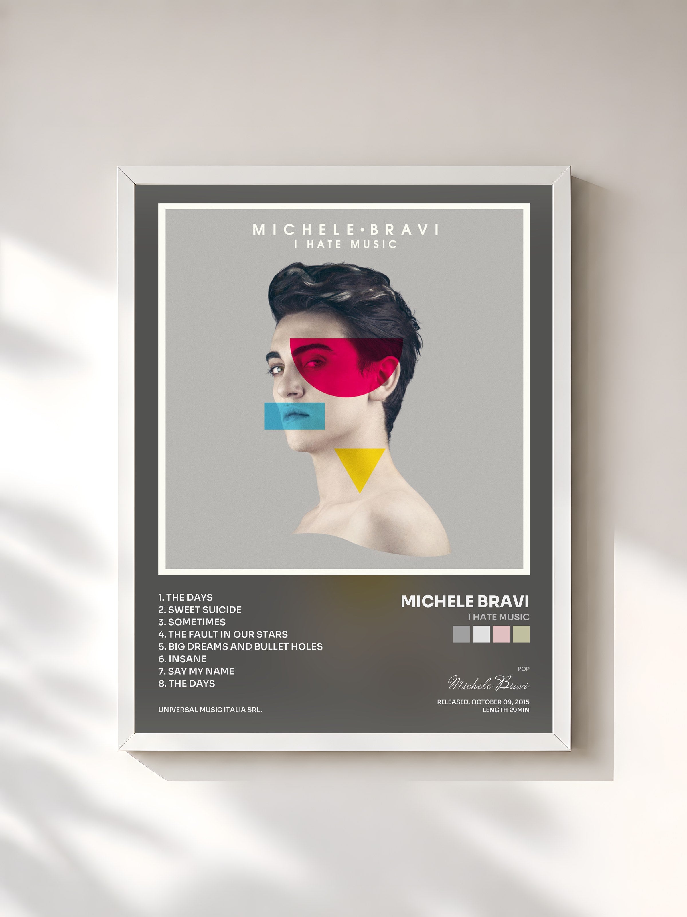 #blanc Tableau de l'album I Hate Music de Michele Bravi, cadre blanc, imprimé et encadré en France