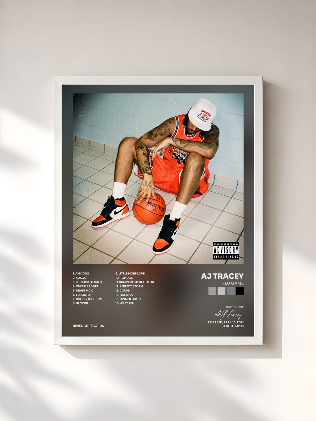 #blanc Tableau de l'album Flu Game de AJ Tracey, cadre blanc, imprimé et encadré en France