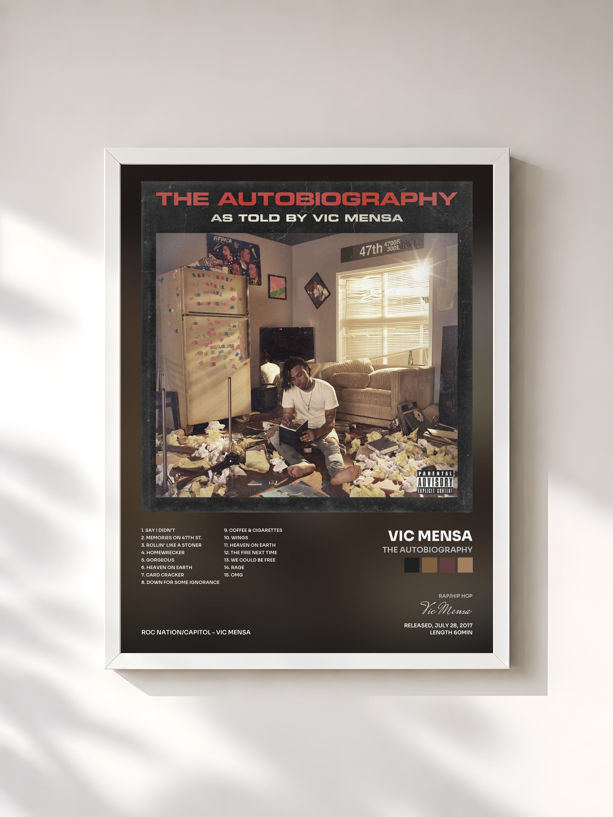 #blanc Tableau de l'album The Autobiography de Vic Mensa, cadre blanc, imprimé et encadré en France