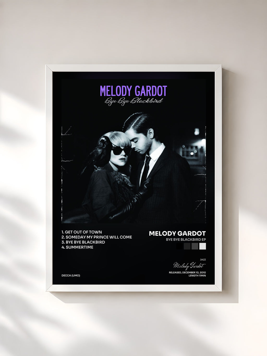 #blanc Tableau de l'album Bye Bye Blackbird EP de Melody Gardot, cadre blanc, imprimé et encadré en France