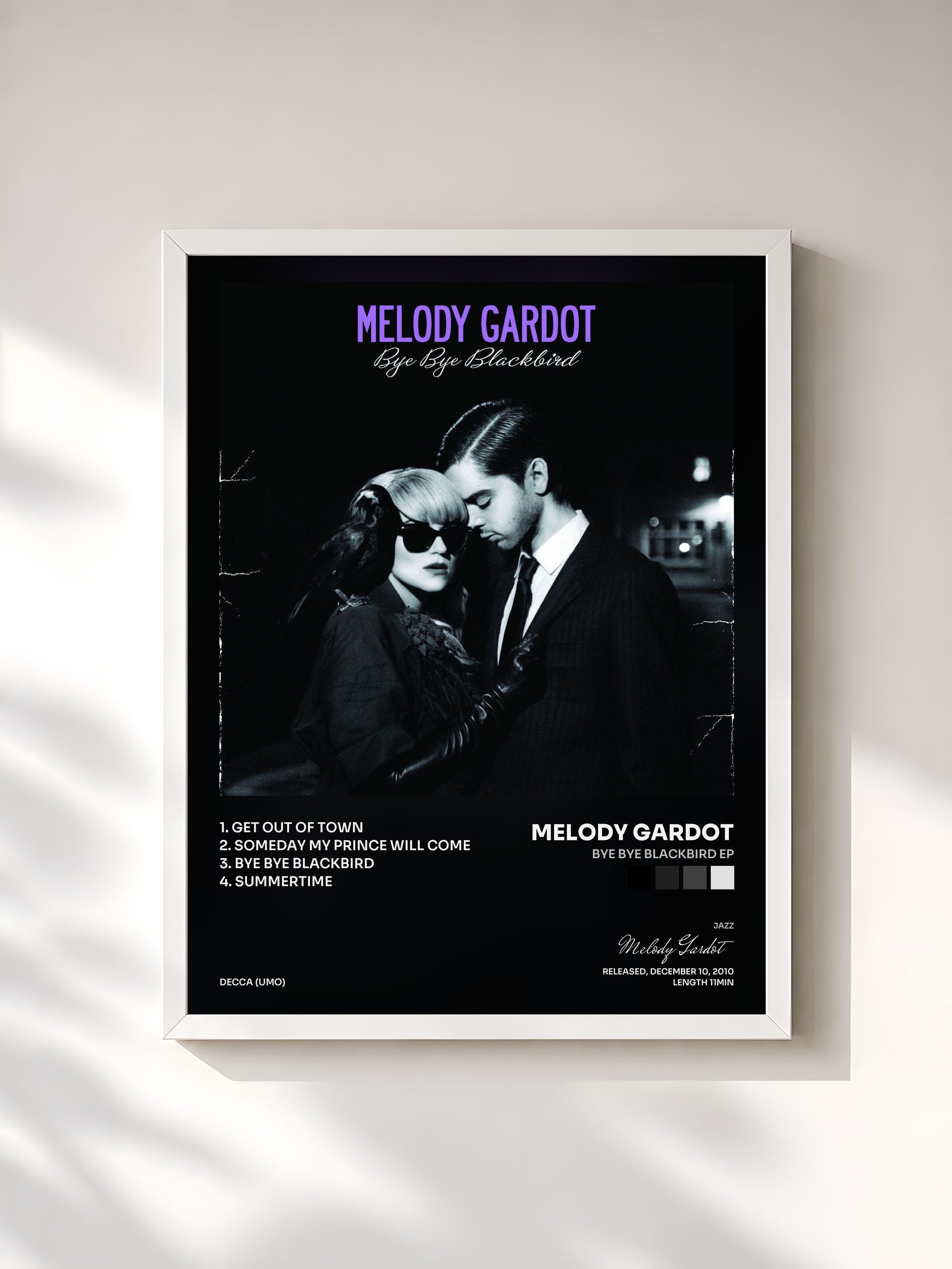 #blanc Tableau de l'album Bye Bye Blackbird EP de Melody Gardot, cadre blanc, imprimé et encadré en France
