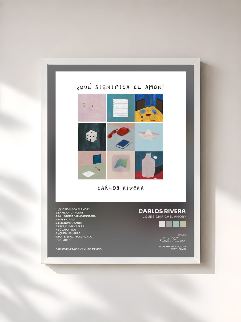 #blanc Tableau de l'album ¿Qué Significa El Amor? de Carlos Rivera, cadre blanc, imprimé et encadré en France