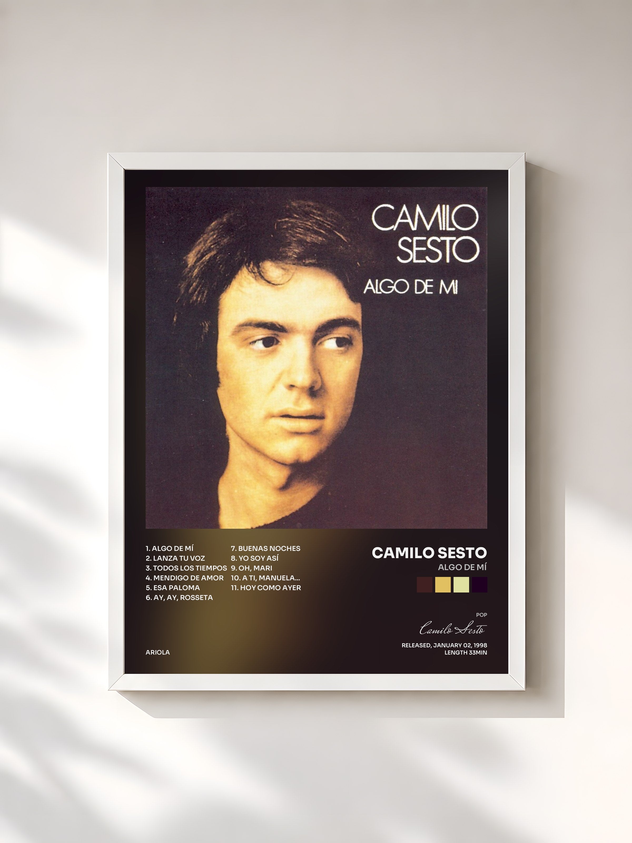 #blanc Tableau de l'album Algo de Mí de Camilo Sesto, cadre blanc, imprimé et encadré en France