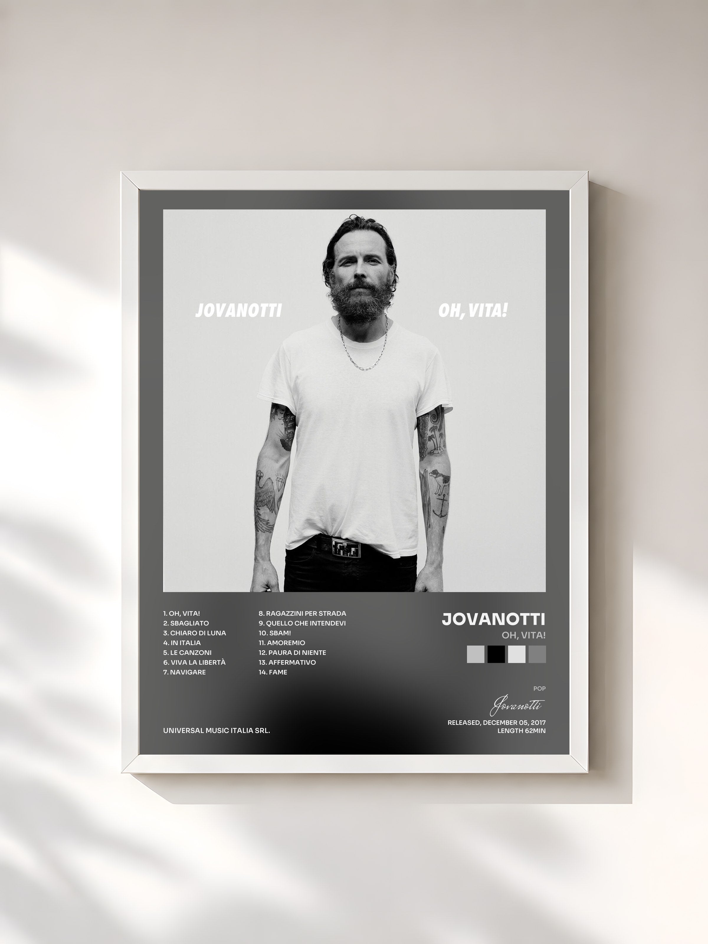 #blanc Tableau de l'album Oh, Vita! de Jovanotti, cadre blanc, imprimé et encadré en France