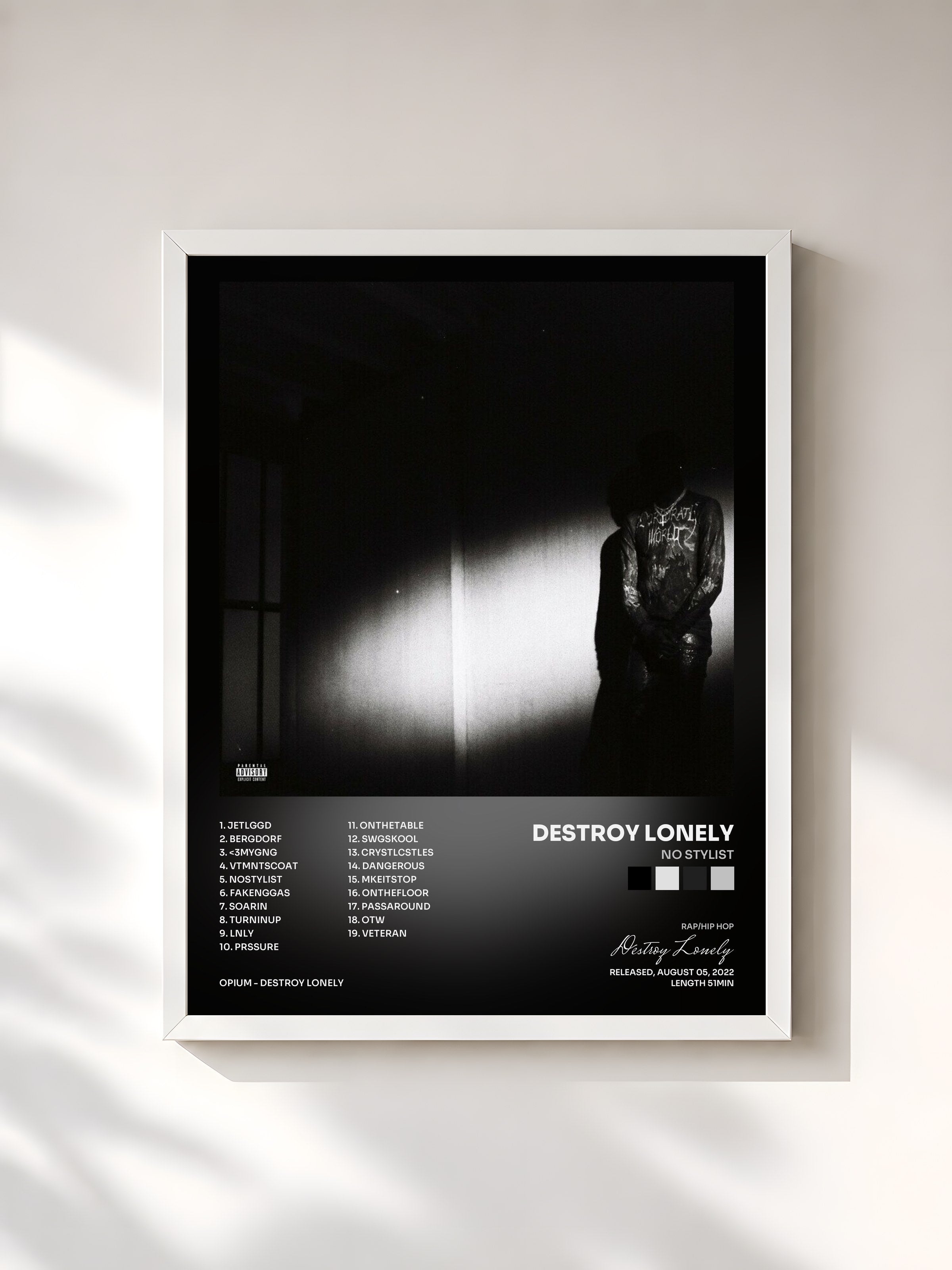 #blanc Tableau de l'album NO STYLIST de Destroy Lonely, cadre blanc, imprimé et encadré en France