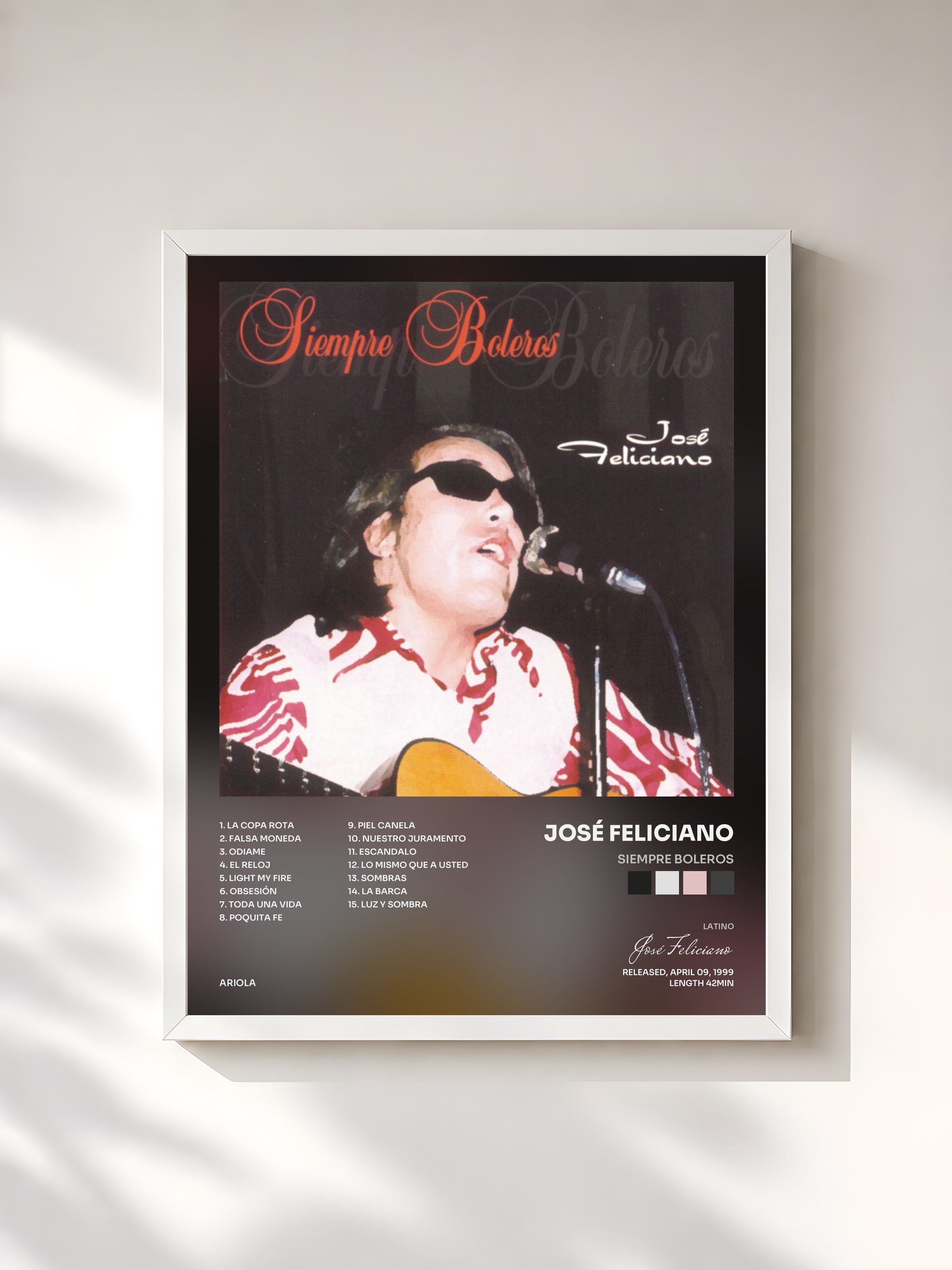 #blanc Tableau de l'album Siempre Boleros de José Feliciano, cadre blanc, imprimé et encadré en France